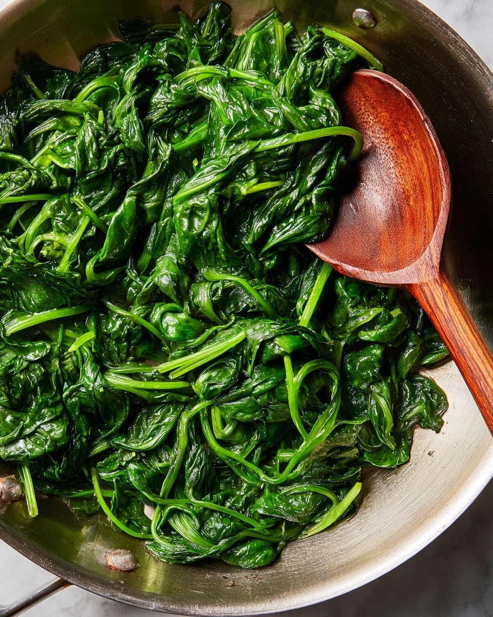 A close-up view of cooked spinach in a large silver pan, showing deep green leaves that look soft and slightly shiny from being cooked. The spinach leaves overlap each other, creating a textured layer of greens with some stems visible. A wooden spoon with a smooth, rich brown color rests inside the pan, partly covered by the spinach leaves. The pan sits on a white marbled surface that adds a clean, bright background contrast to the green spinach. photo taken with an iphone --ar 4:5 --v 7