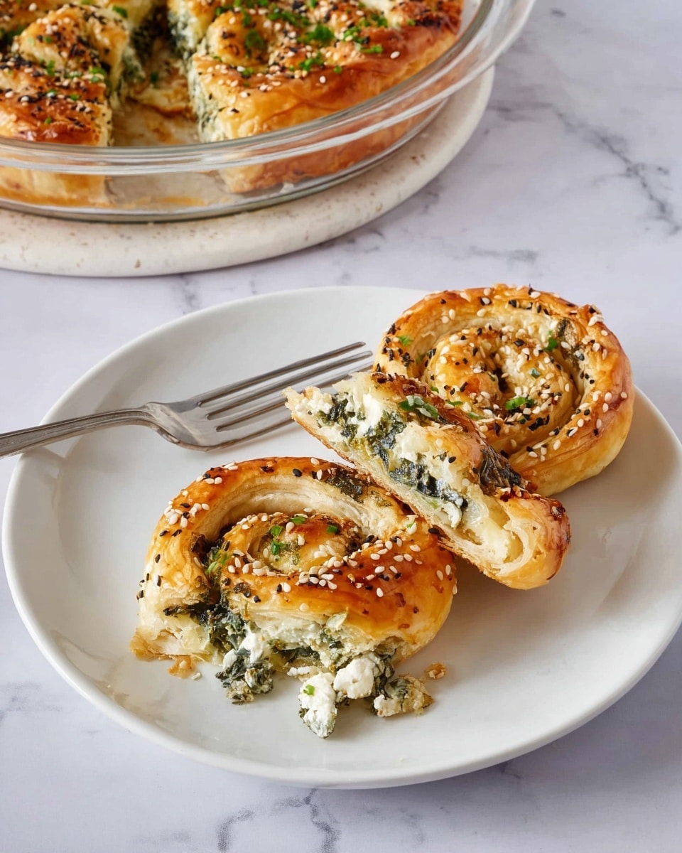 A white plate holds three pieces of spiral-shaped pastry with golden-brown, flaky crusts sprinkled with white and black sesame seeds. Inside each spiral, there is a creamy white and green filling that looks like a mix of cheese and leafy greens. A silver fork rests beside the pastries on the plate. In the background, a white marbled surface supports a larger round glass dish containing the same pastry, partially visible and garnished with green herbs. The scene is bright and clean. Photo taken with an iphone --ar 4:5 --v 7