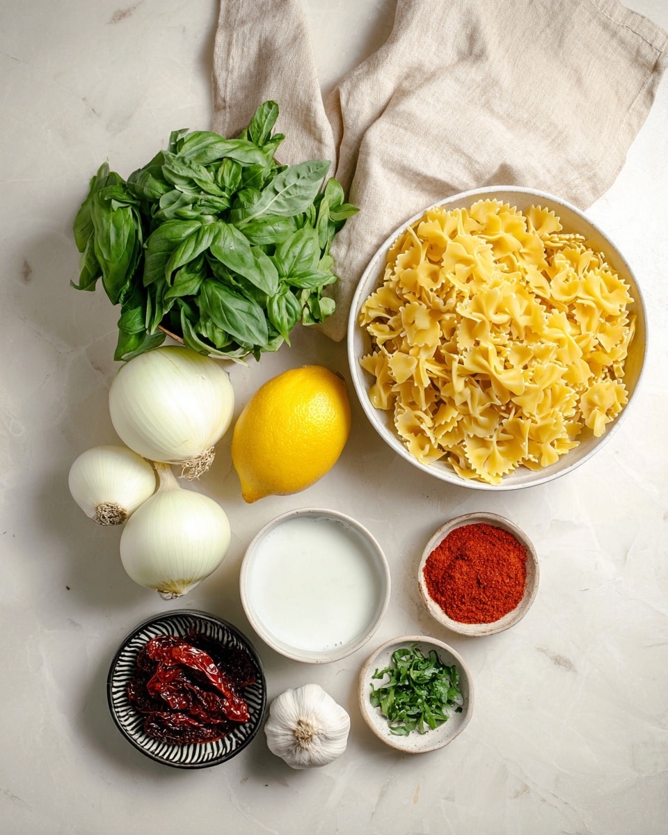 The image shows an arrangement of fresh cooking ingredients laid out on a white marbled surface. At the top right, there is a white bowl filled with bright green leafy herbs, including basil and parsley. Below it and slightly to the left, a round white bowl overflows with uncooked yellow farfalle pasta. To the left of the pasta, there are five whole white onions stacked casually next to a whole yellow lemon. Below the lemon, there is a small white bowl filled with a white liquid, likely cream or milk. To the right are two small dishes: one contains a bright red powder, possibly a spice like paprika, and the other holds small green herb leaves. At the bottom left, a whole garlic bulb and a small black-and-white dish filled with dried, dark red sun-dried tomatoes complete the setting. A light beige cloth is draped softly in the top left corner. The photo taken with an iphone --ar 4:5 --v 7