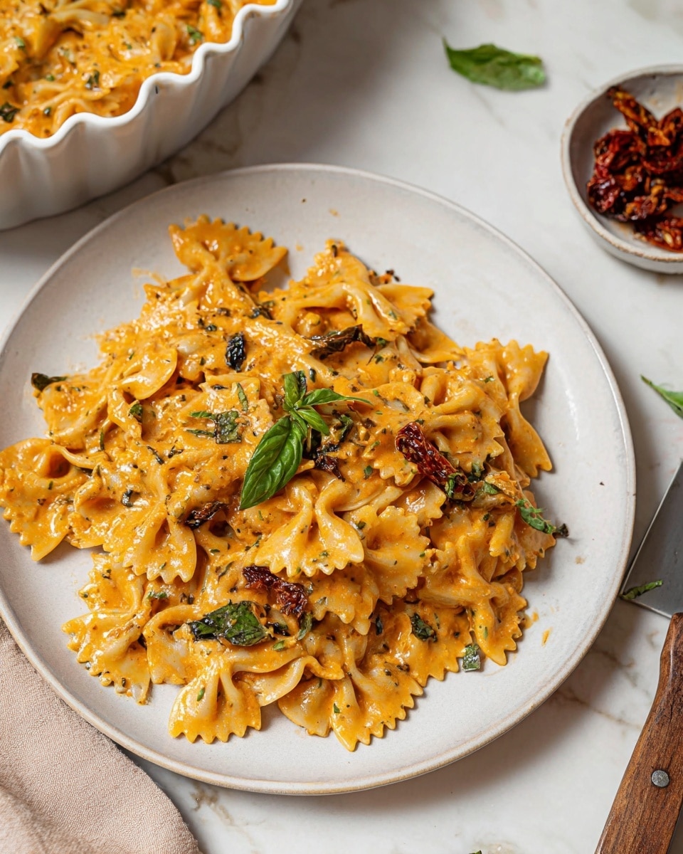The image shows a plate of farfalle pasta coated in a creamy, orange-colored sauce mixed with small pieces of caramelized onion and fresh green basil leaves. The pasta is arranged in a loose pile, with the orange sauce evenly covering the bow-tie shaped pasta, and garnished with a few whole bright green basil leaves on top. The pasta sits on a round off-white plate, placed on a white marbled surface. Nearby to the right, there is a small white bowl with sun-dried tomatoes, and scattered green basil leaves and a silver knife with a wooden handle can be seen on the surface. In the background, a white fluted baking dish holds more pasta. The photo taken with an iphone --ar 4:5 --v 7