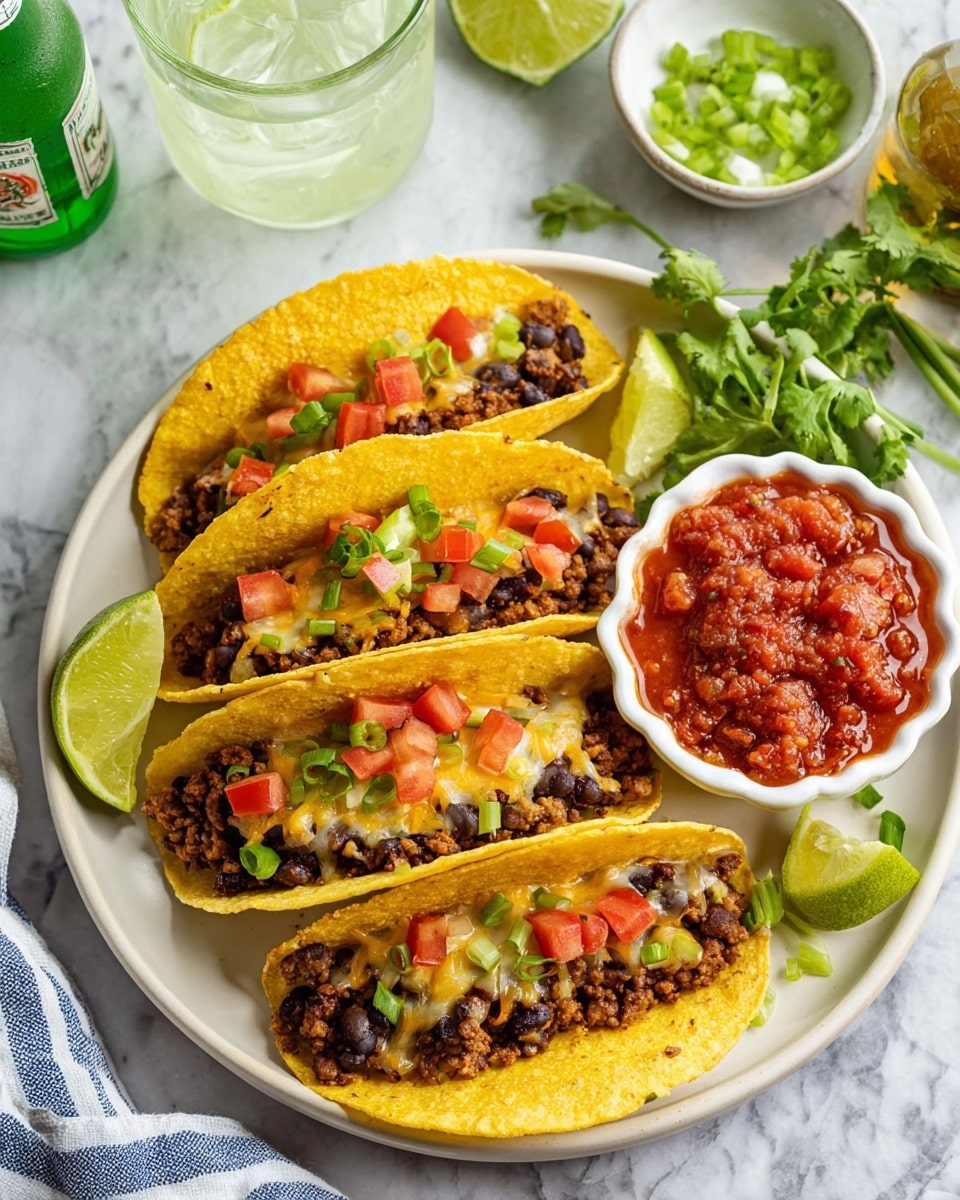 Four yellow corn taco shells are standing upright on a white plate with a white marbled surface underneath. Each taco shell is filled with a bottom layer of cooked ground beef mixed with black beans, followed by melted light yellow cheese, and topped with bright red diced tomatoes and green sliced scallions. On the side of the plate is a small white scalloped bowl filled with chunky red salsa, with lime wedges and fresh green cilantro leaves placed next to it. The scene includes a glass of clear liquid with lime and a bottle of green hot sauce in the background, and a small bowl of sliced green scallions in the corner. A blue and white striped cloth is partly visible near the plate. photo taken with an iphone --ar 4:5 --v 7