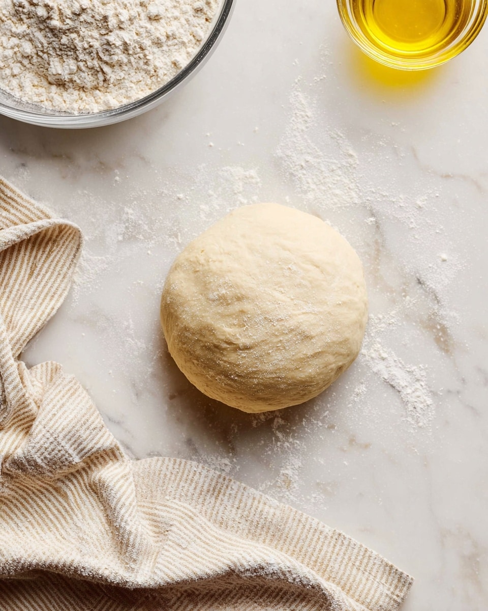 A single round ball of smooth, pale dough sits on a white marbled surface, lightly dusted with flour. To the top left, a clear glass bowl filled with flour is visible, and to the top right, a glass container with golden olive oil adds a splash of warm color. A beige and white striped cloth rests casually to the bottom left, contrasting softly with the white marbled surface. The scene is simple and clean, highlighting the dough as the main focus. photo taken with an iphone --ar 4:5 --v 7