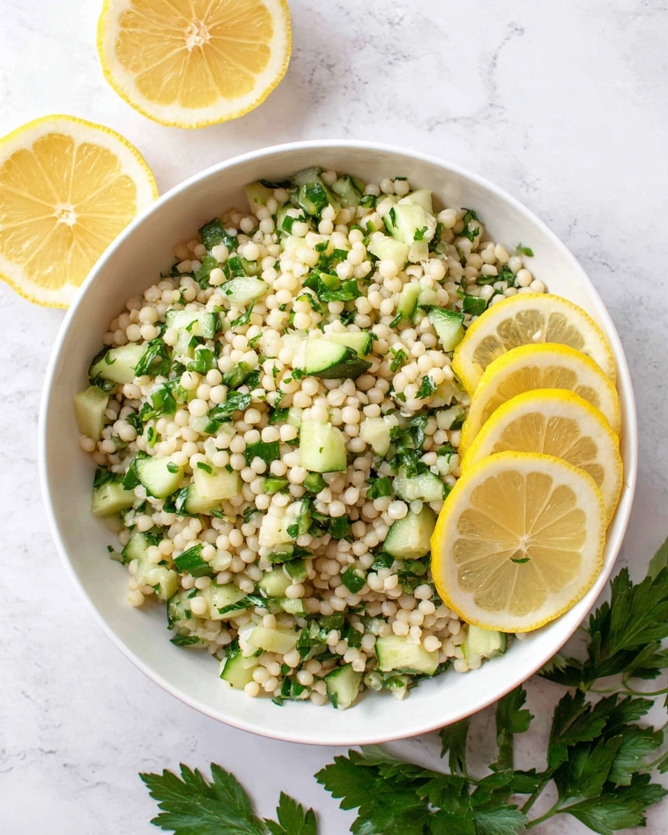 A white bowl on a white marbled surface filled with a salad made of small, round beige couscous pearls mixed with chopped green cucumber pieces and scattered green herbs. Three thin, bright yellow lemon slices are placed on the top right edge inside the bowl. Some fresh parsley leaves are placed at the bottom right of the scene, and two lemon halves rest near the top left corner. The whole setting is bright and fresh, showing a light and healthy dish photo taken with an iphone --ar 4:5 --v 7