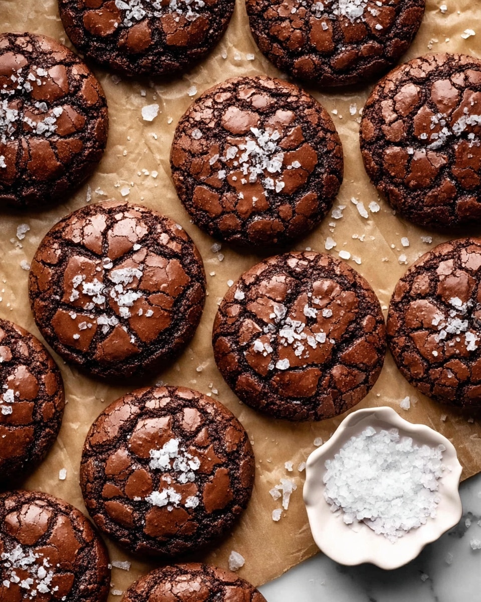 There are about twelve round chocolate cookies with a cracked shiny surface arranged closely on a light brown parchment paper. Each cookie has a dark brown color with textured cracks and is sprinkled with coarse white salt flakes on top. On the right side, there is a small white bowl with a flower petal shape filled with white flaky salt. The whole scene is set on a white marbled surface. photo taken with an iphone --ar 4:5 --v 7