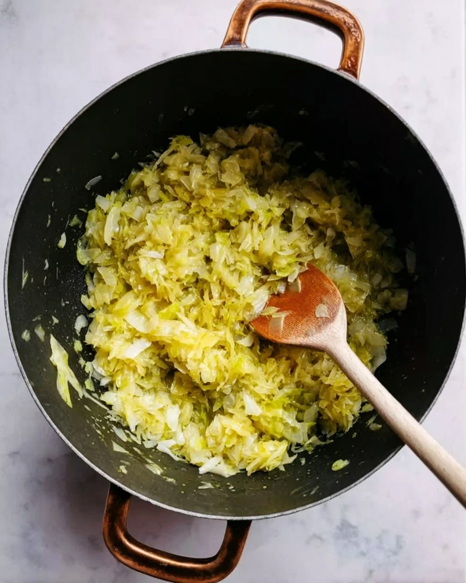 A black cooking pot with a single layer of cooked, soft, yellow-green shredded vegetable inside. The texture looks moist with some small white onion pieces mixed in throughout. A wooden spoon with a light brown handle rests inside the pot on the right side, partly touching the vegetable mix. The pot sits on a white marbled surface. photo taken with an iphone --ar 4:5 --v 7