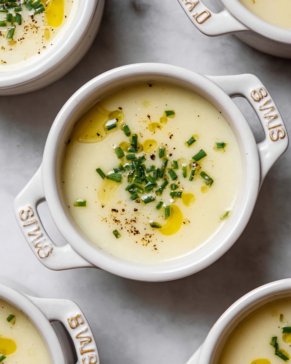 A small white round bowl filled with smooth, creamy pale yellow soup is shown. The soup has thin drops of golden oil drizzled on top, along with small pieces of chopped bright green chives scattered evenly. There are tiny black pepper specks sprinkled across the surface, adding texture. The bowl has a thick handle with the word