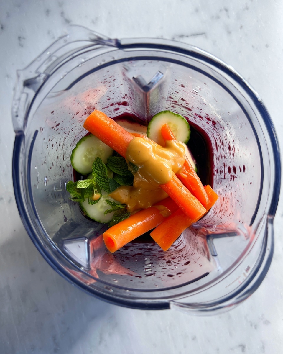 Inside a clear blender container placed on a white marbled surface, there is a layered mix of ingredients. At the bottom, a thin layer of dark purple liquid covers the base. On top of this, several whole baby carrots with a bright orange color are arranged around the sides. Near the center, there are slices of light green cucumber mixed with small fresh green mint leaves. Over the cucumber and mint, a dollop of thick golden-yellow sauce is drizzled, providing a contrast in color and texture. Droplets of moisture cling lightly to the inside walls of the blender container. Photo taken with an iphone --ar 4:5 --v 7