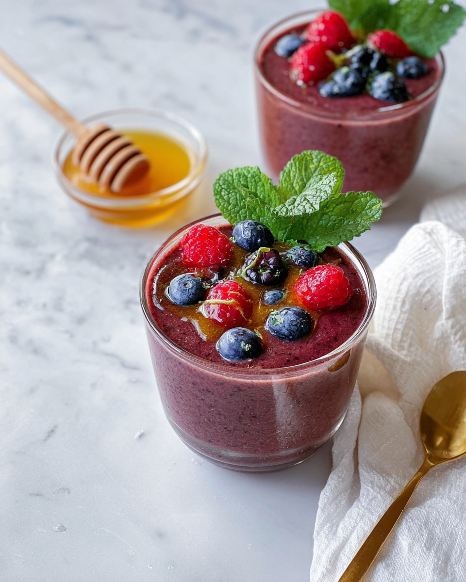 The image shows two clear glass cups filled with a deep purple smoothie, with the front cup topped with bright red raspberries, dark blue blueberries, a drizzle of golden honey, and fresh green mint leaves standing upright at the back. The second cup in the background has fewer berries on top. To the left of the front cup, there is a small glass bowl with honey and a wooden honey dipper resting inside. A golden spoon lies on a white cloth next to the top right cup, and the whole setup is placed on a smooth white marbled surface. photo taken with an iphone --ar 4:5 --v 7