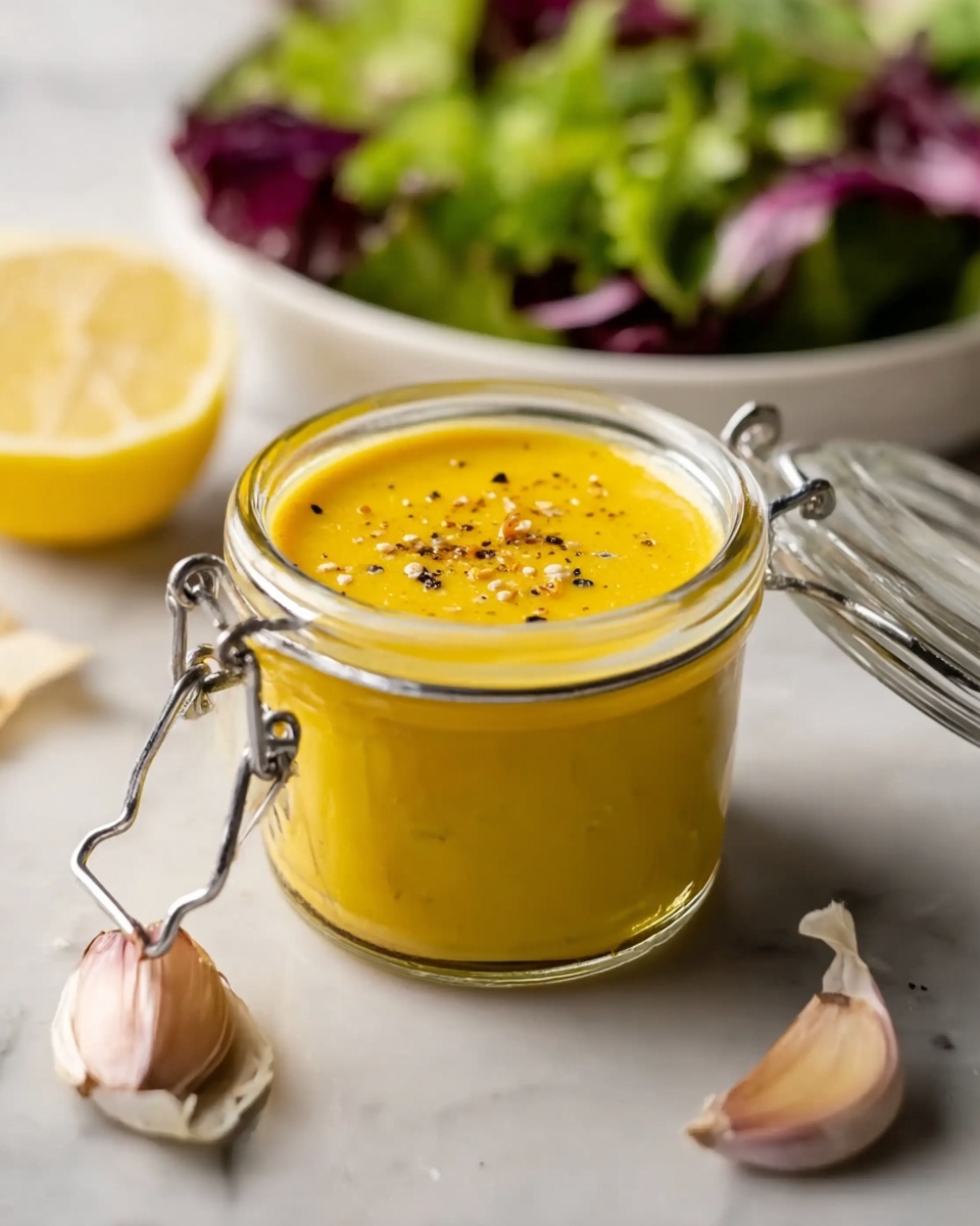 A small clear glass jar with a metal latch is filled almost to the top with a smooth, bright yellow sauce. The top of the sauce is sprinkled with small black pepper flakes and grainy bits. Around the jar on a white marbled surface are two garlic cloves, one partially peeled, and a halved lemon with its bright yellow inside showing. In the blurred background, a white plate holds mixed green and purple lettuce leaves, adding freshness to the scene. photo taken with an iphone --ar 4:5 --v 7
