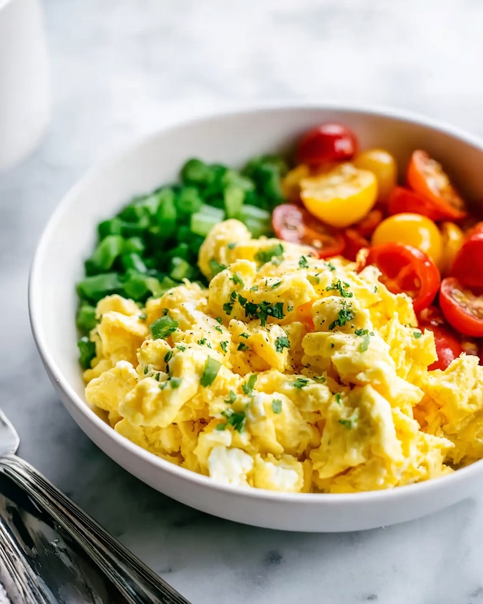 A white bowl sits on a white marbled surface, filled with three main layers of food. The first layer is bright green chopped vegetables placed at the back left side of the bowl. The second layer, to the back right, features a mix of red and yellow halved cherry tomatoes. The front and center layer shows fluffy yellow scrambled eggs mixed with small green herb bits, creating a soft and creamy texture. The edges of the bowl and parts of a silver fork and knife are visible near the bowl. The overall scene is bright and clean, with a soft focus on the food. photo taken with an iphone --ar 4:5 --v 7