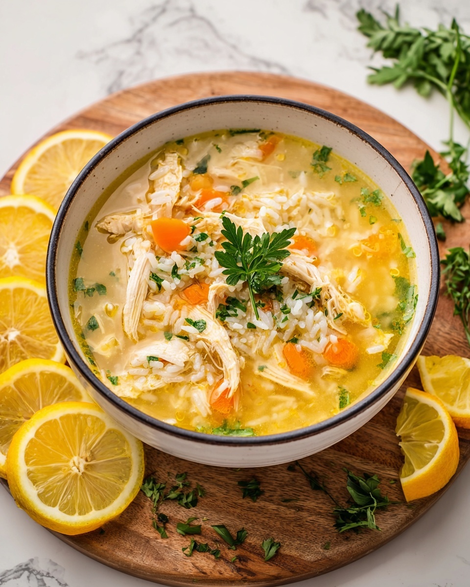 A white bowl with a dark rim is filled with clear yellow broth soup layered with shredded light beige chicken pieces, white rice, and thin strips of orange carrot. The soup is garnished on top with a sprig of green parsley and a slice of bright yellow lemon resting on the edge of the bowl. The bowl sits on a round wooden board, which holds several slices of lemon around it, along with some fresh green herbs. The background is a white marbled surface. Photo taken with an iphone --ar 4:5 --v 7