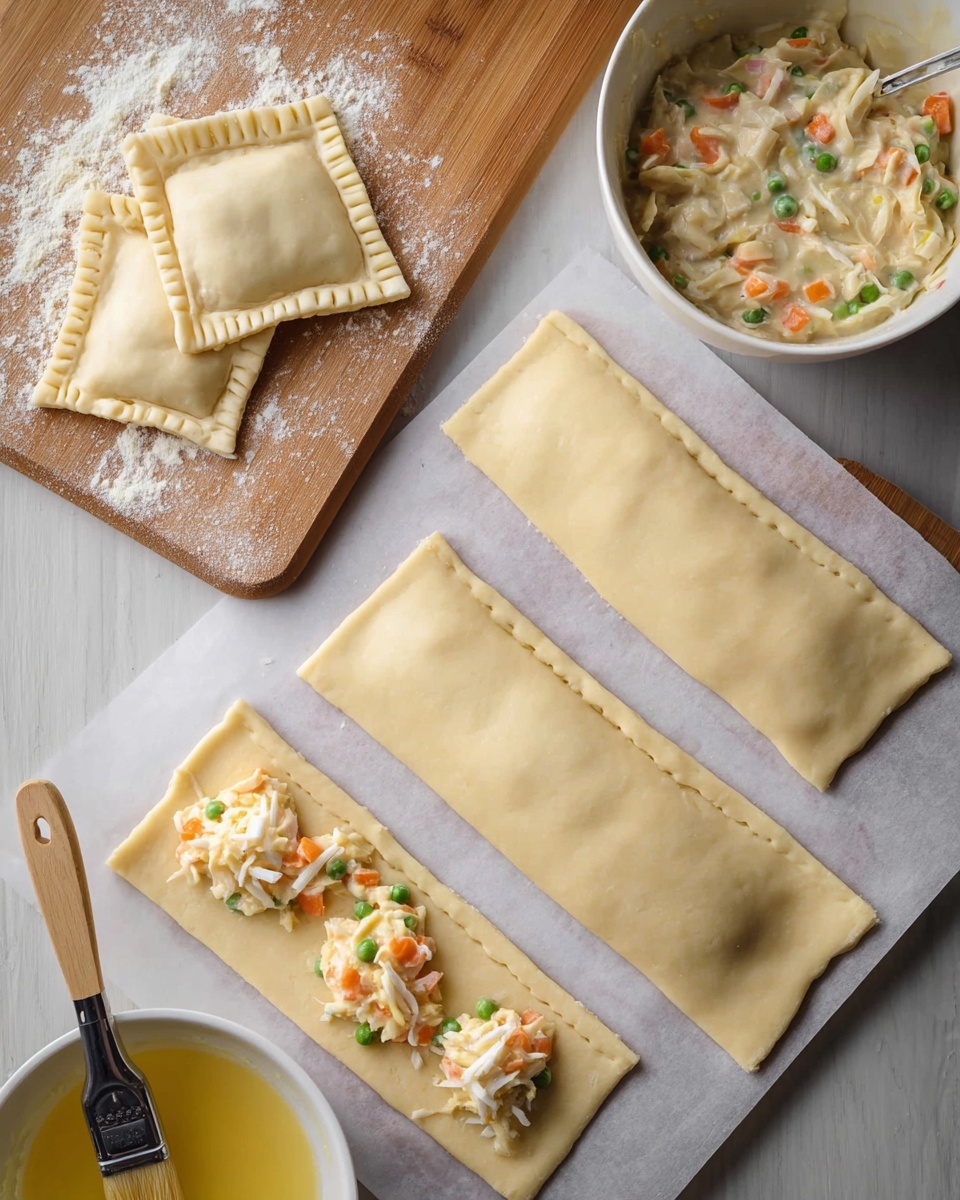 The image shows three long, light beige dough rectangles laid horizontally on white parchment paper over a board with a white marbled texture. The top two rectangles have dollops of a creamy filling with visible chunks of orange carrots, green peas, and white shredded pieces placed near the right edge. The bottom dough rectangle is folded over to form a sealed pocket. In the upper left corner, two square-shaped dough pockets with crimps around the edges are on a wooden cutting board dusted lightly with flour. To the right, a deep white bowl contains more of the creamy vegetable filling, and in the lower left corner, a white bowl filled with beaten yellow egg wash holds a brush resting on its rim. photo taken with an iphone --ar 4:5 --v 7