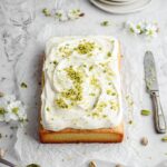 Pistachio Sheet Cake with White Chocolate Buttercream Frosting