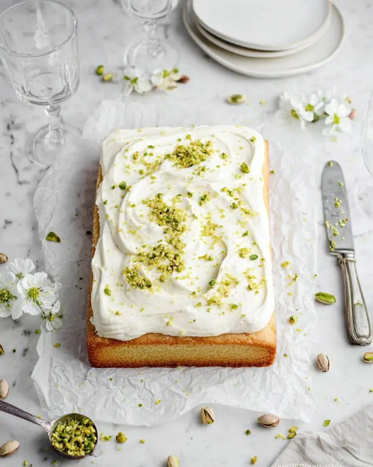 Pistachio Sheet Cake with White Chocolate Buttercream Frosting
