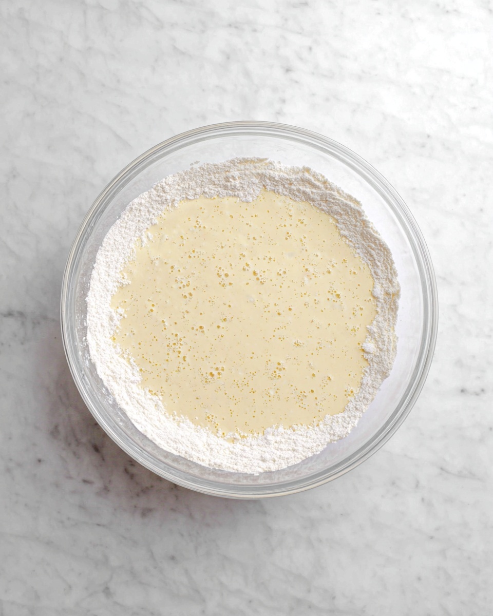 Pistachio Sheet Cake with White Chocolate Buttercream Frosting 4 A clear glass bowl holds a mixture with two visible layers. The bottom layer is white powdery flour, spread evenly along the edges and sides of the bowl. The top layer is a creamy pale yellow liquid with small darker specks scattered throughout, covering most of the flour beneath and creating a smooth surface with some small bubbles and patches where the flour is still visible. The bowl is placed on a surface with a white marbled texture. photo taken with an iphone --ar 4:5 --v 7