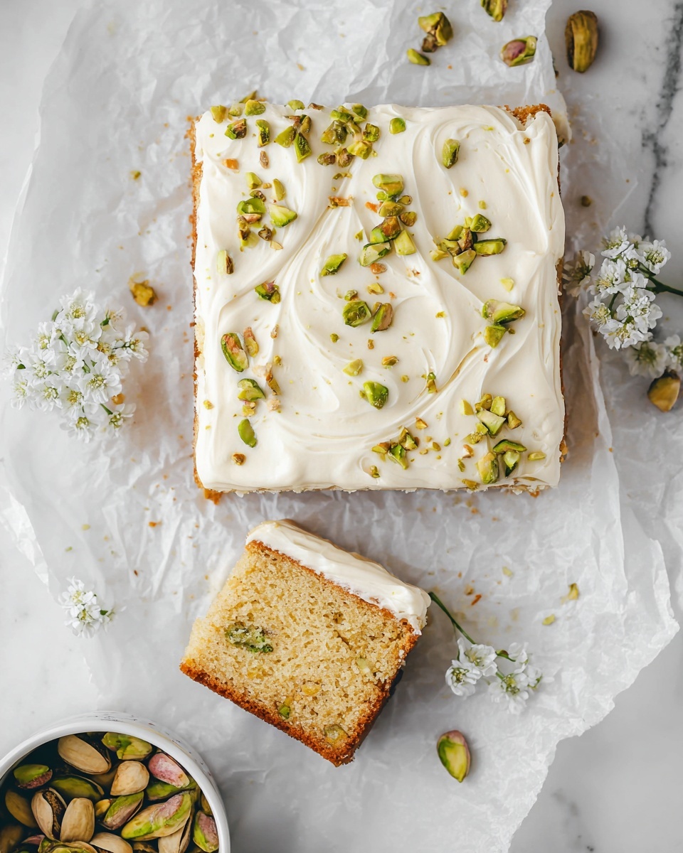 Pistachio Sheet Cake with White Chocolate Buttercream Frosting 5 The image shows a square-shaped cake with two visible layers: the bottom layer is golden brown and looks soft, while the top layer is a creamy white frosting spread smoothly with swirls across the surface. Small pieces of green pistachios are scattered on the frosting, adding texture and color. One small square piece of cake is cut and placed slightly away from the main cake, showing the thickness of both layers. The cake rests on crumpled white parchment paper over a white marbled surface. To the side is a white cup filled with whole pistachios, surrounded by small white flowers and scattered pistachios. The photo taken with an iphone --ar 4:5 --v 7