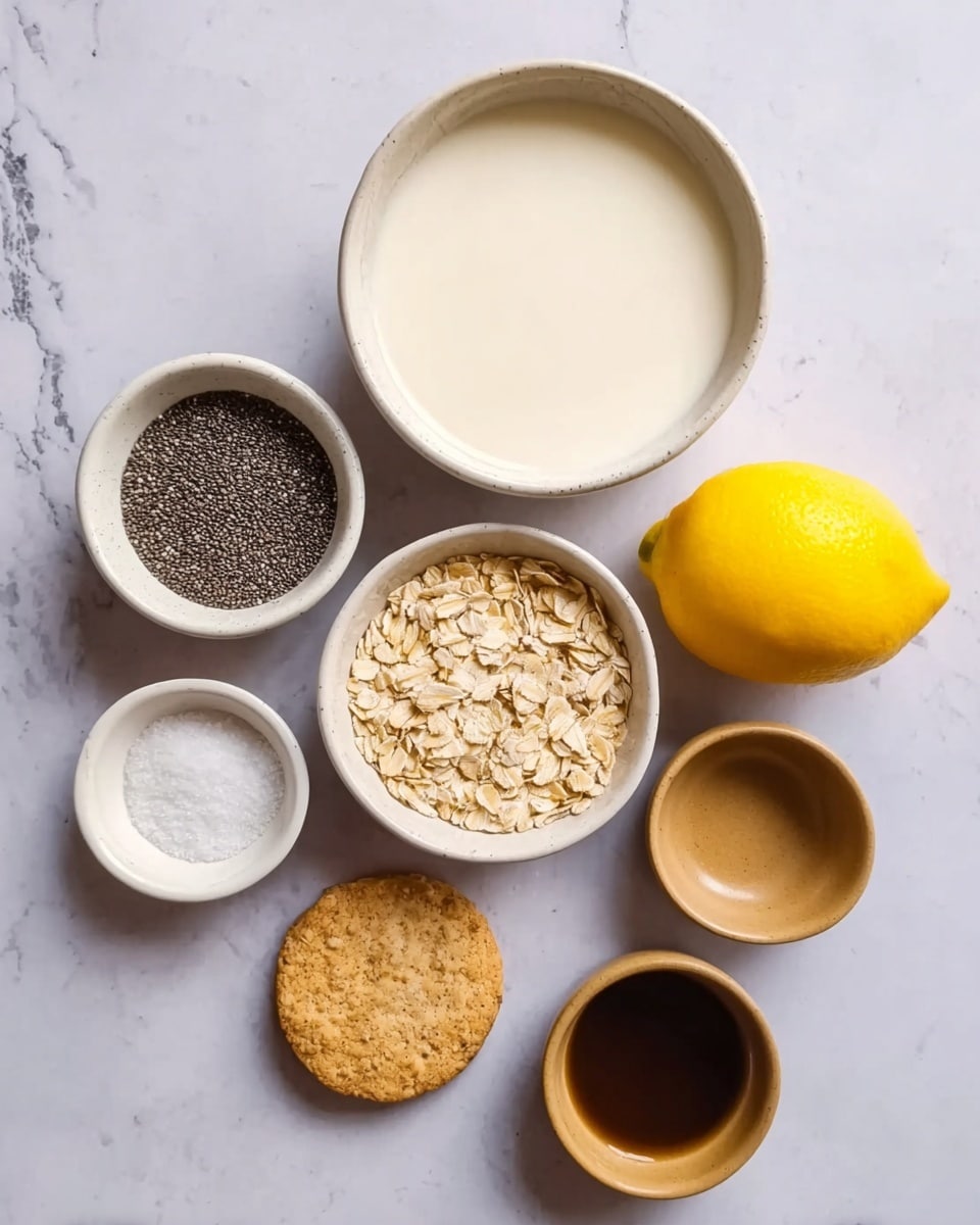 The image shows seven bowls and a lemon on a white marbled surface. In the top center is a large white bowl filled with creamy white milk. To the right of the milk is a whole yellow lemon. Below the milk bowl, there is a medium white bowl filled with light brown rolled oats. To the left of the oats is a small white bowl filled with black chia seeds. At the bottom left corner, there is a tiny white bowl with a small amount of white salt. In the center bottom, there is a round light brown biscuit. To the right of the biscuit are two small brown bowls; the far right one has a dark brown liquid, while the other has no visible contents from this angle. The whole scene has a clean and simple look. photo taken with an iphone --ar 4:5 --v 7