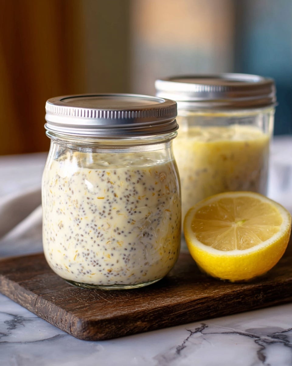 Two glass jars with silver lids are filled with a creamy light yellow mixture speckled with black chia seeds and small bits of oats. The jar in the front is clearer with the mixture showing through, while the jar in the background is slightly blurred but also filled with the same creamy mixture. A half lemon with bright yellow skin and inner pulp sits on a dark wooden board next to the jars. The setting features a white marbled surface with soft, blurred neutral tones in the background. photo taken with an iphone --ar 4:5 --v 7