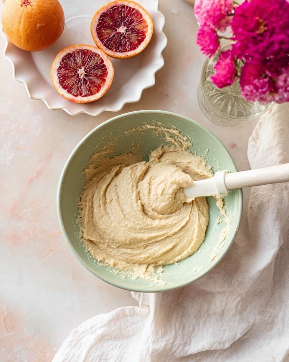 A light green bowl filled with a thick, creamy beige dough mixed smoothly, with a white spatula resting inside showing soft swirls of the dough texture. In the background, a white plate with a scalloped edge holds two halves of a deep red blood orange and a whole orange. To the right, bright pink round flowers in a clear glass vase add a pop of color, all set on a white marbled surface with a white and light pink cloth beneath the bowl. Photo taken with an iphone --ar 4:5 --v 7