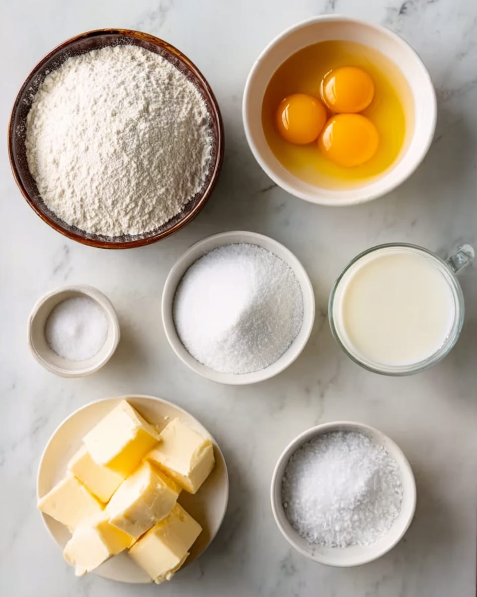 The image shows six containers on a white marbled surface, each holding different baking ingredients. At the center is a white plate with granulated white sugar, surrounded by a brown bowl with flour in the top left, a white bowl in the top right containing three bright yellow egg yolks, a small white bowl in the bottom left holding four light yellow butter cubes, a small white bowl in the bottom right filled with coarse salt, and a transparent glass cup filled with milk on the far right. The colors range from the soft white of the flour and sugar to the rich yellow of the yolks and butter, creating a simple yet inviting arrangement. photo taken with an iphone --ar 4:5 --v 7