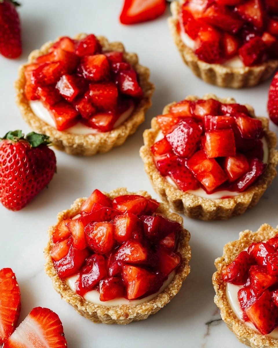 The image shows six small tartlets placed on a white marbled surface. Each tartlet has a light brown, crumbly crust forming a round shell with a fluted edge. Inside the crust, there is a creamy white filling topped with a generous layer of bright red cut strawberries, which are shiny and fresh looking. The strawberries are chopped into small, irregular pieces and cover the filling fully. Around the tartlets, there are whole strawberries adding a fresh touch to the scene. photo taken with an iphone --ar 4:5 --v 7