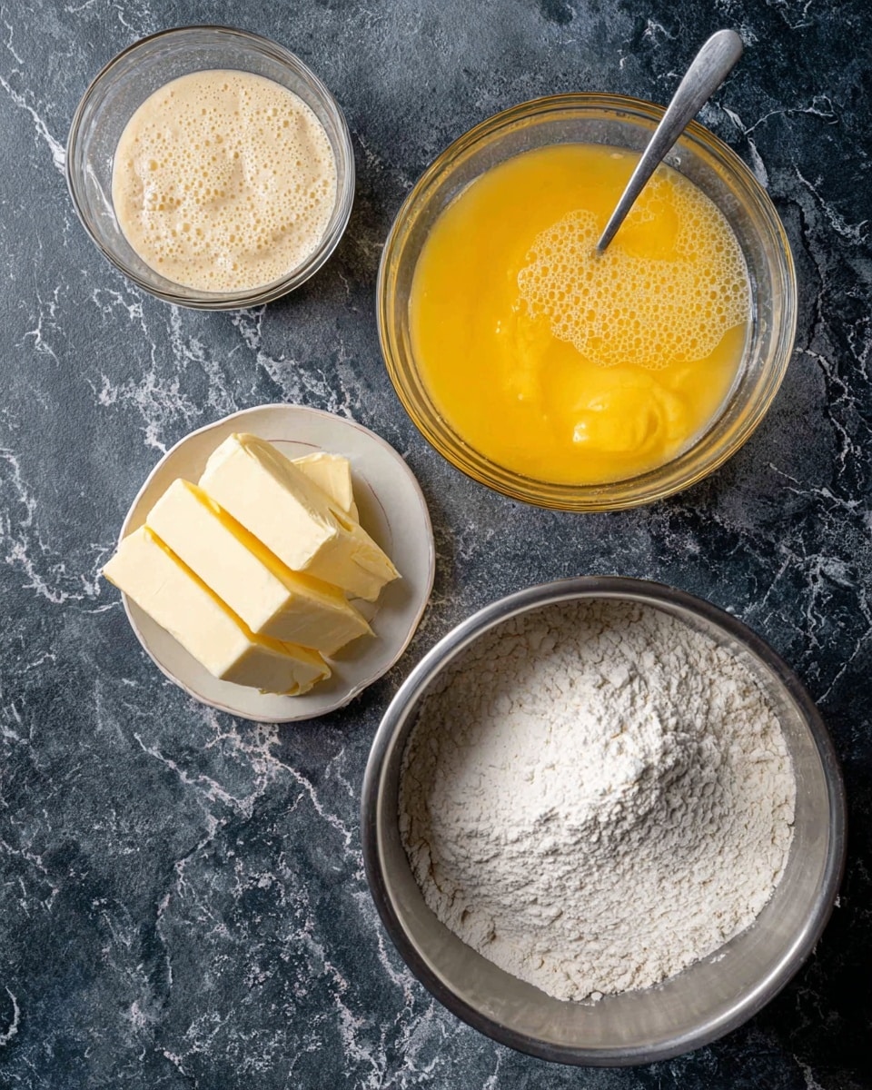 The image shows four containers with baking ingredients placed on a dark textured surface changed to a white marbled texture. On the bottom right, there is a large silver metal bowl filled with white flour and sugar mixed together, creating a powdery texture. At the bottom left, a small white plate holds several thick, pale yellow slices of butter, with a creamy texture. At the top center, a clear glass bowl contains bright yellow beaten eggs with some bubbles visible on the surface and a silver spoon resting inside. At the top left, a clear small bowl holds beige, bubbly yeast mixture. photo taken with an iphone --ar 4:5 --v 7