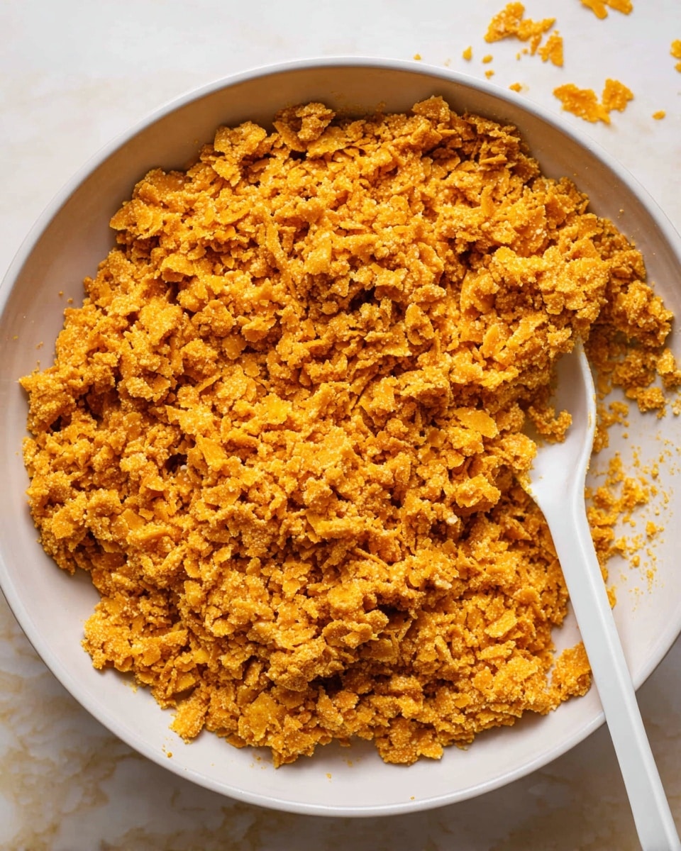A large white bowl filled with a thick, crumbly mixture of golden-orange crispy flakes that look sticky and clumped together, creating a rough textured surface. A white spoon is partially buried into the mixture on the right side of the bowl. Some flakes are scattered outside the bowl on a white marbled surface. The colors are warm and the texture looks crunchy yet sticky. photo taken with an iphone --ar 4:5 --v 7