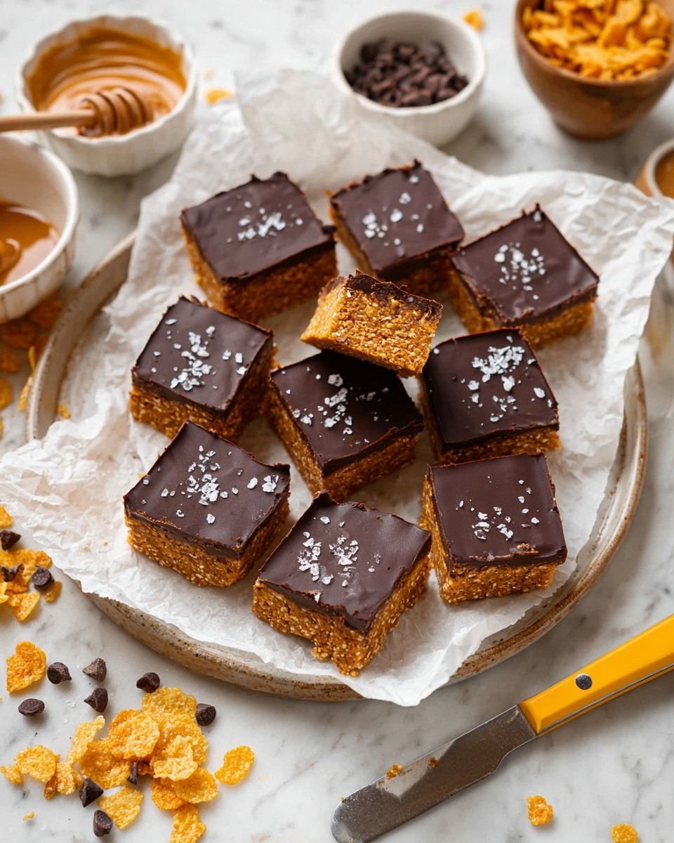 A white plate with white parchment paper holds 13 square bars of two layers: a thick, rough-textured golden brown base topped with a smooth dark chocolate layer sprinkled with flakes of sea salt. Some bars are rotated to show the inside texture, revealing a crumbly, grainy base. Around the plate, scattered cornflakes and small dark chocolate chips add detail, with two small white bowls above—one filled with smooth creamy peanut butter, the other with honey and a wooden honey dipper resting inside. A large knife with a yellow handle lies at the bottom right on a white marbled surface. photo taken with an iphone --ar 4:5 --v 7