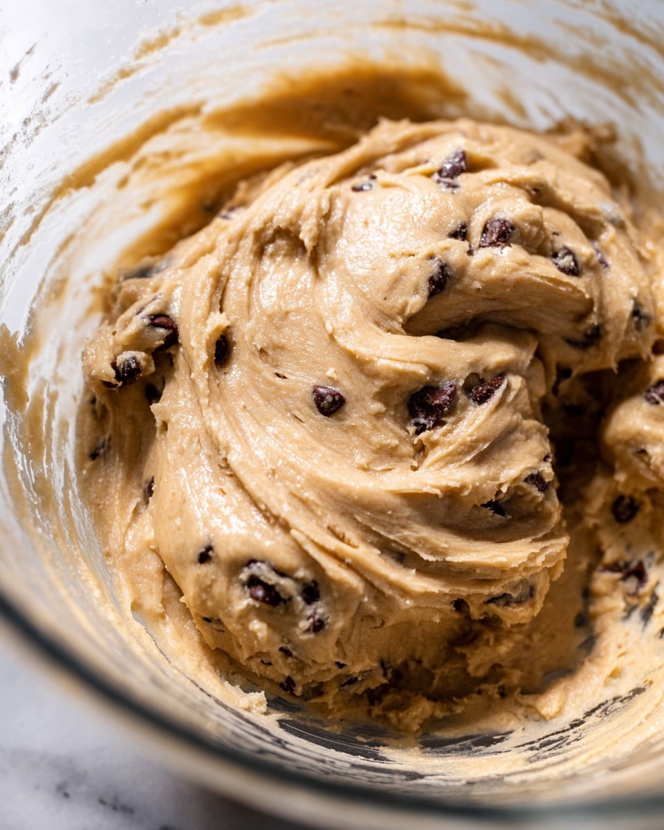This image shows a close-up view of light brown cookie dough with a smooth but thick texture, swirled in a clear glass bowl. The dough has visible dark chocolate chunks scattered unevenly throughout. The bowl is set against a white marbled surface, and partial edges of the bowl are visible with some dough marks on the sides, indicating stirring or mixing. The photo taken with an iphone --ar 4:5 --v 7