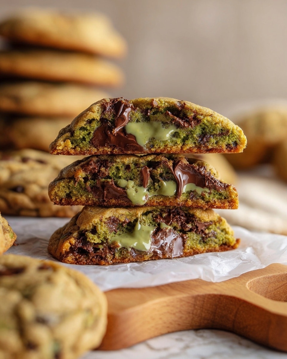 The image shows a stack of three thick cookies, each broken in half to reveal a three-layer inside filled with melted green matcha and dark chocolate chunks. The cookie exterior is golden brown with a slightly rough texture, and the green matcha filling looks creamy and smooth with a shiny surface. The stack is placed on white parchment paper over a light wooden board, with additional whole cookies blurred in the background. The setting is on a white marbled surface with a blurred background, giving a cozy and warm feeling. photo taken with an iphone --ar 4:5 --v 7