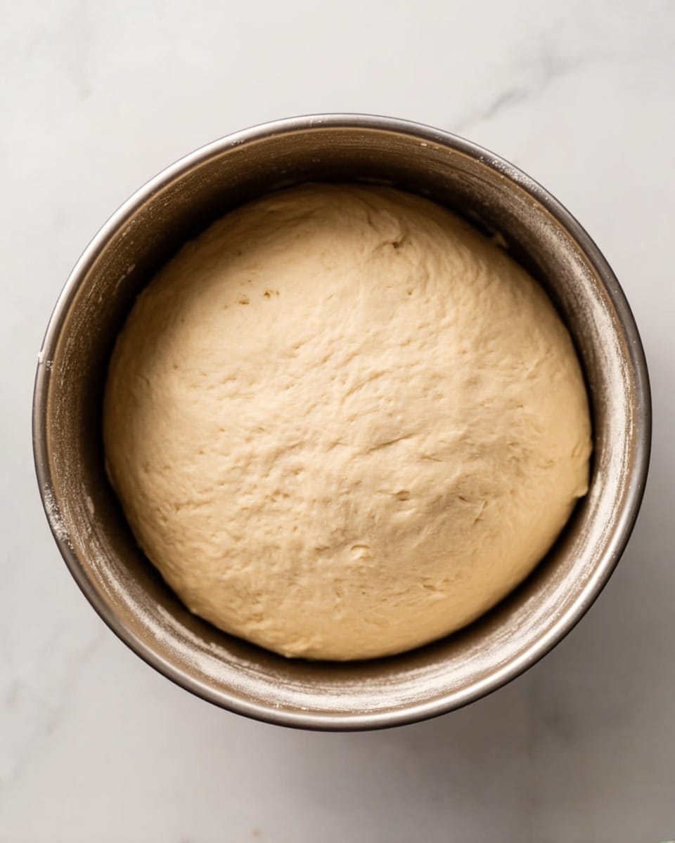 The image shows a smooth, pale beige dough ball with a slightly bumpy texture inside a round metal bowl. The dough fills about half of the bowl and looks soft and risen. The bowl is placed on a white marbled surface, clean and simple, with no other objects around. The lighting is bright and natural, highlighting the softness and light color of the dough. photo taken with an iphone --ar 4:5 --v 7
