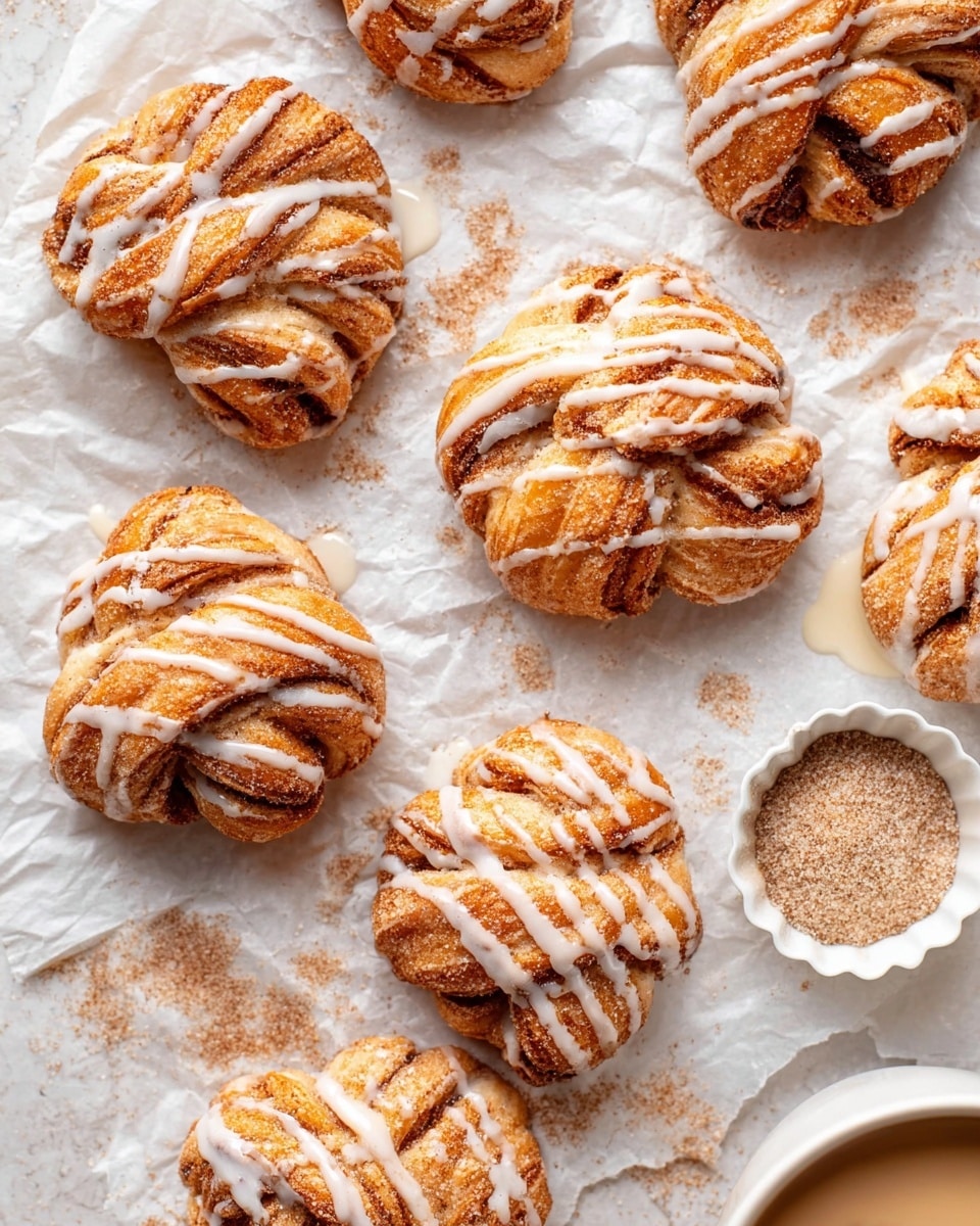 The image shows several light brown twisted pastries with a soft, flaky texture, each drizzled with white icing in thin lines across the top. The pastries are evenly spaced on crinkled white parchment paper over a white marbled surface. Near the center right is a small white scalloped bowl filled with a powdery cinnamon sugar mixture that has a light brown and beige color. In the bottom right corner, part of a white bowl with beige liquid is visible. The overall scene has a warm, cozy feel with some scattered crumbs and small splashes of icing. photo taken with an iphone --ar 4:5 --v 7