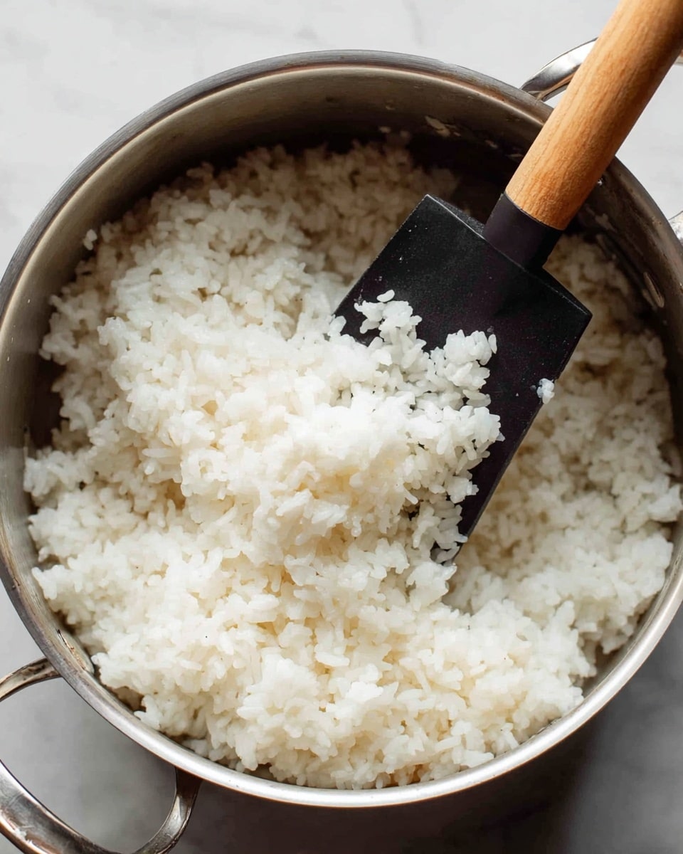 A close-up view of a shiny silver cooking pot filled with soft, cooked white rice. A black spatula with a wooden handle is inside the pot, scooping some rice from the right side. The rice looks fluffy and sticky with small separate grains visible. The pot rests on a white marbled surface. photo taken with an iphone --ar 4:5 --v 7
