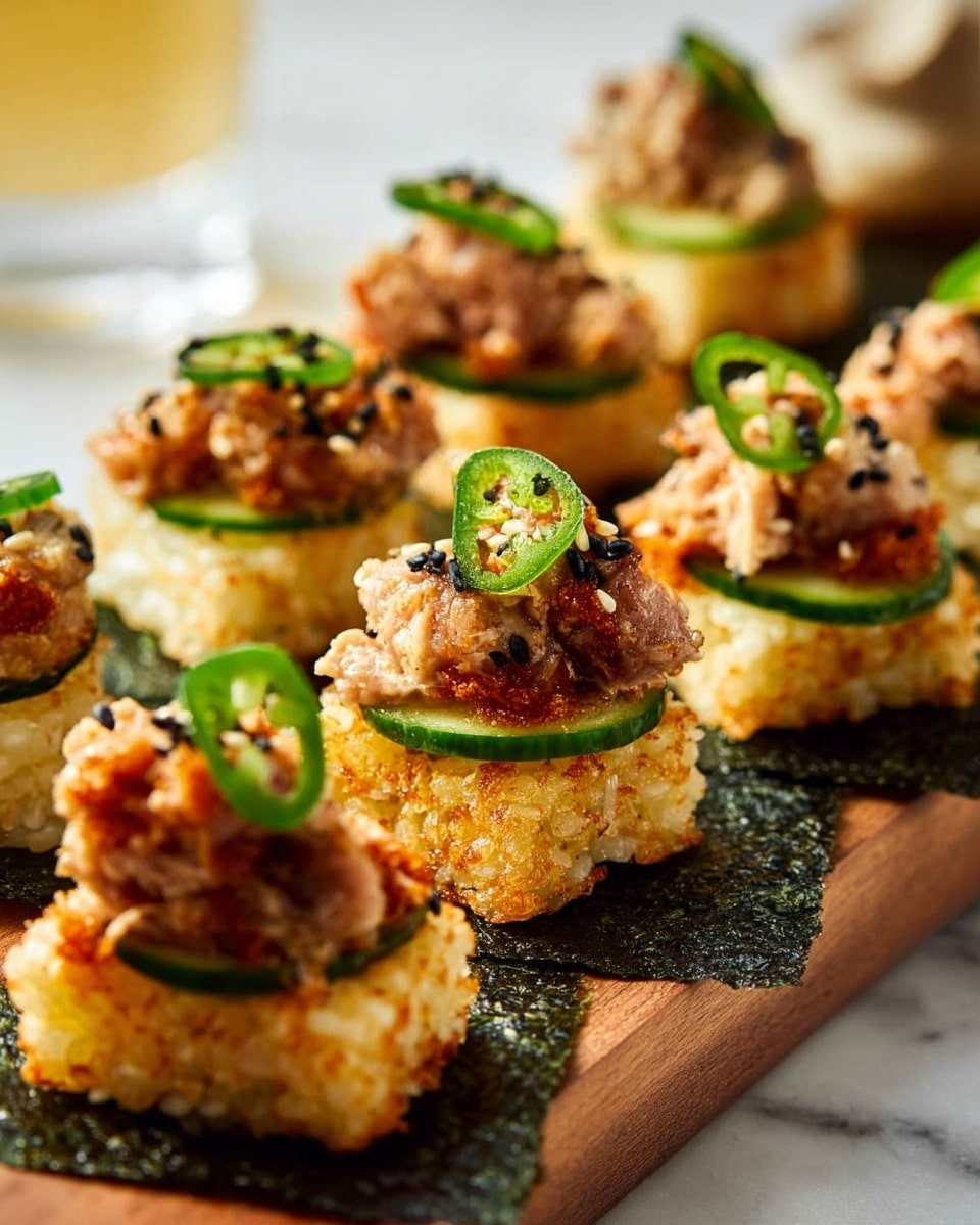 The image shows several small square crispy rice cakes as the base layer, golden brown and crunchy in texture sitting on top of dark green seaweed sheets placed on a wooden board. On each rice cake, thin slices of light green cucumber form a fresh middle layer. The top layer is a chunky mixture of diced fish, reddish-brown in color with a creamy sauce, garnished with thin slices of bright green chili and black sesame seeds. The whole setup is on a white marbled surface in soft natural light. Photo taken with an iphone --ar 4:5 --v 7