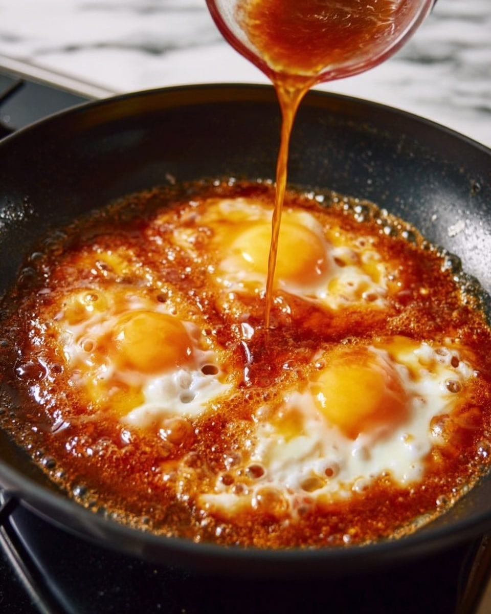 In a black frying pan on a stove, there are three fried eggs cooking in a thick, bubbling reddish-brown sauce that spreads and simmers around the eggs. The egg yolks are bright yellow and shiny, while the whites are softly set and slightly bubbling at the edges, blending into the sauce. A glass container held from above pours more of the same sauce into the pan, making the surface glossy and rich. The background shows a white marbled surface. Photo taken with an iphone --ar 4:5 --v 7