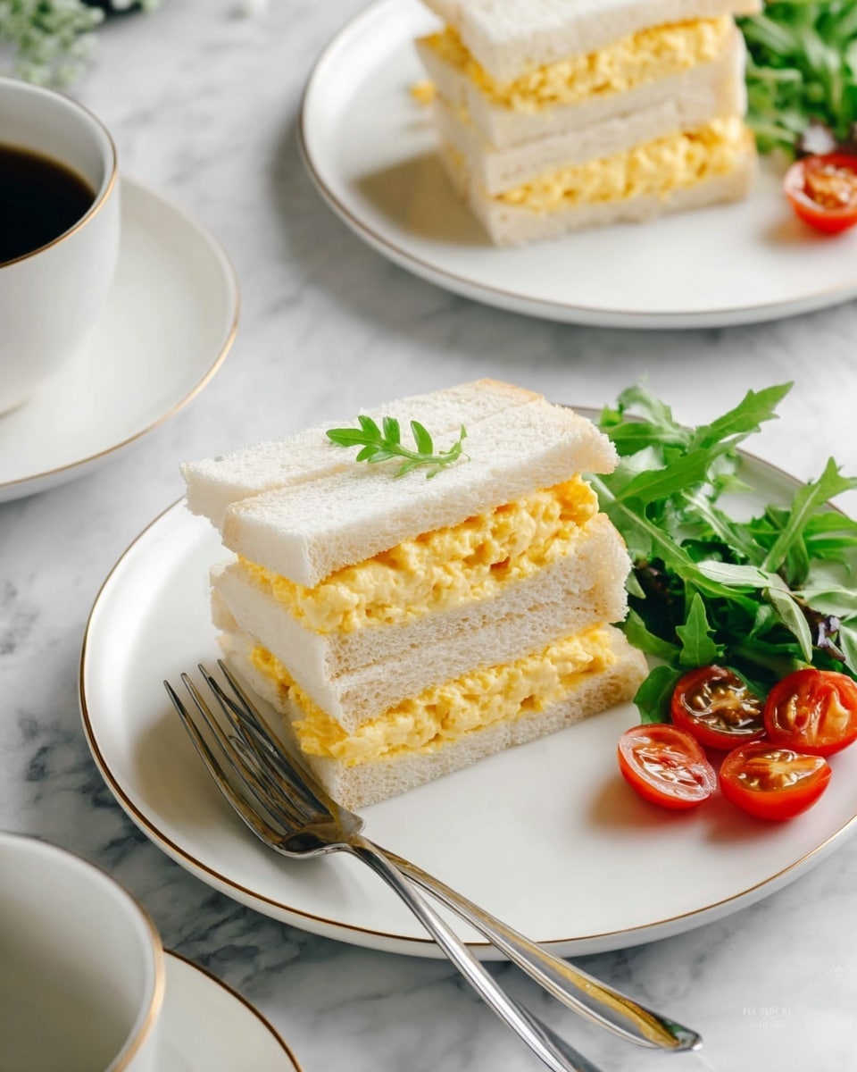 A white plate with three layers of sandwich showing two layers of pale yellow egg salad filling, each layer of bread is white and soft with a light texture. The sandwich is garnished with a small green leaf on top. Next to the sandwich are some fresh green leafy salad and a few slices of red cherry tomatoes on the right side of the plate. A silver fork is placed diagonally below the sandwich. In the background, another white plate with the same sandwich is partially visible, along with a cup of black coffee on the left side. All dishes are set on a white marbled surface. photo taken with an iphone --ar 4:5 --v 7