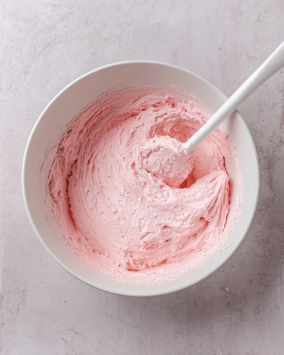 A white bowl holds a thick, light pink creamy mixture with a smooth, slightly fluffy texture. Resting inside the bowl on the right side is a white spatula with some of the pink mixture on its blade. The bowl is on a white marbled surface with a soft, even light that highlights the creamy texture of the mixture. photo taken with an iphone --ar 4:5 --v 7