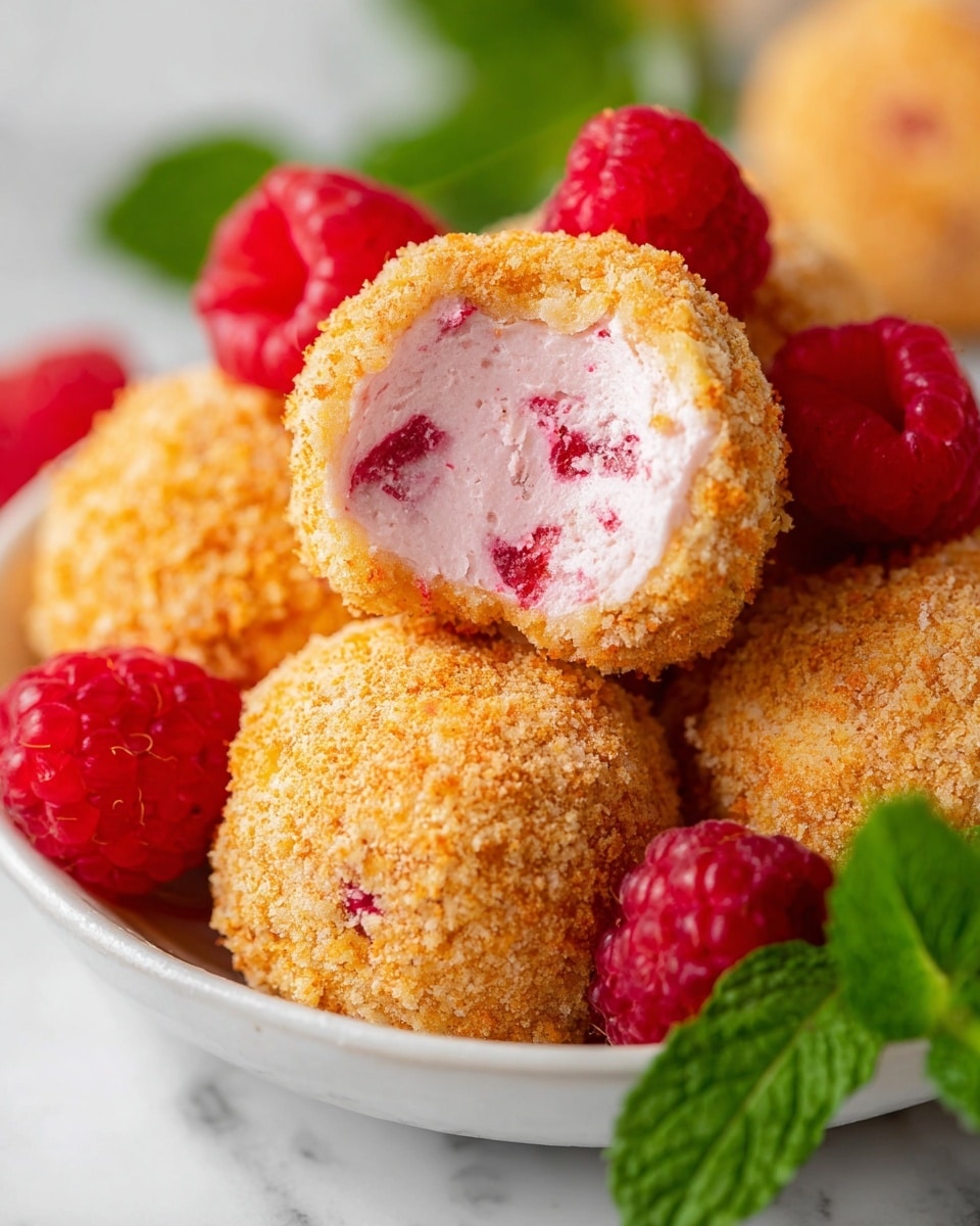 The image shows small round balls with a crumbly golden layer on the outside, some of which have bits of red inside the crumb coating. One ball is open, revealing a soft, light pink creamy layer filled with tiny red fruit pieces inside. Around the balls, there are fresh bright red raspberries and fresh green mint leaves. The whole scene sits on a white bowl on a white marbled background. photo taken with an iphone --ar 4:5 --v 7