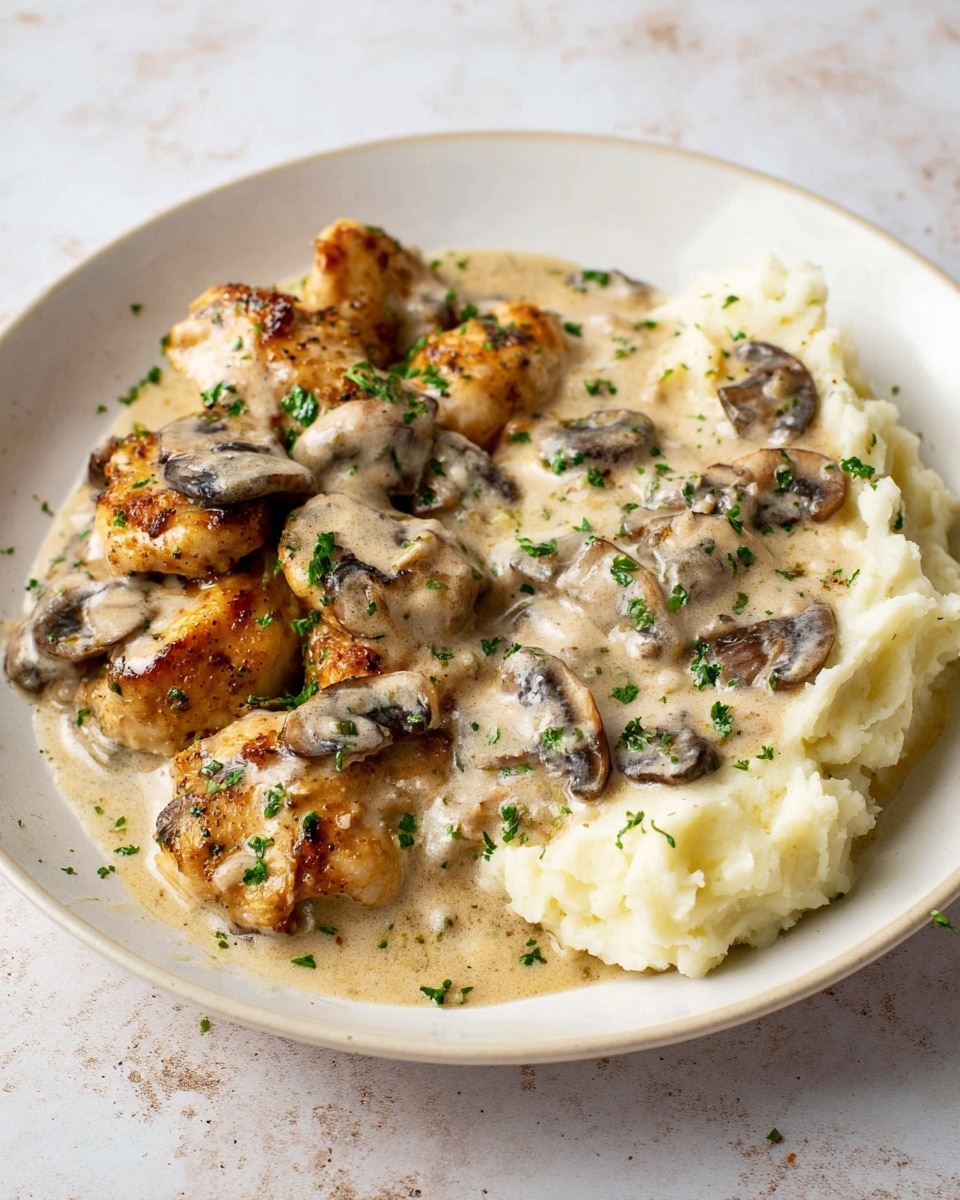 The image shows a white plate on a white marbled surface with two main layers: a creamy mashed potato layer on the right side, smooth and white, topped with a light brown mushroom cream sauce containing sliced dark brown mushrooms and sprinkled with small green herb bits; on the left side of the plate, there are golden-brown cooked chicken pieces, also covered with the same light brown mushroom cream sauce and scattered with chopped green herbs, creating a rich, creamy look with a combination of light and dark browns against the white base photo taken with an iphone --ar 4:5 --v 7