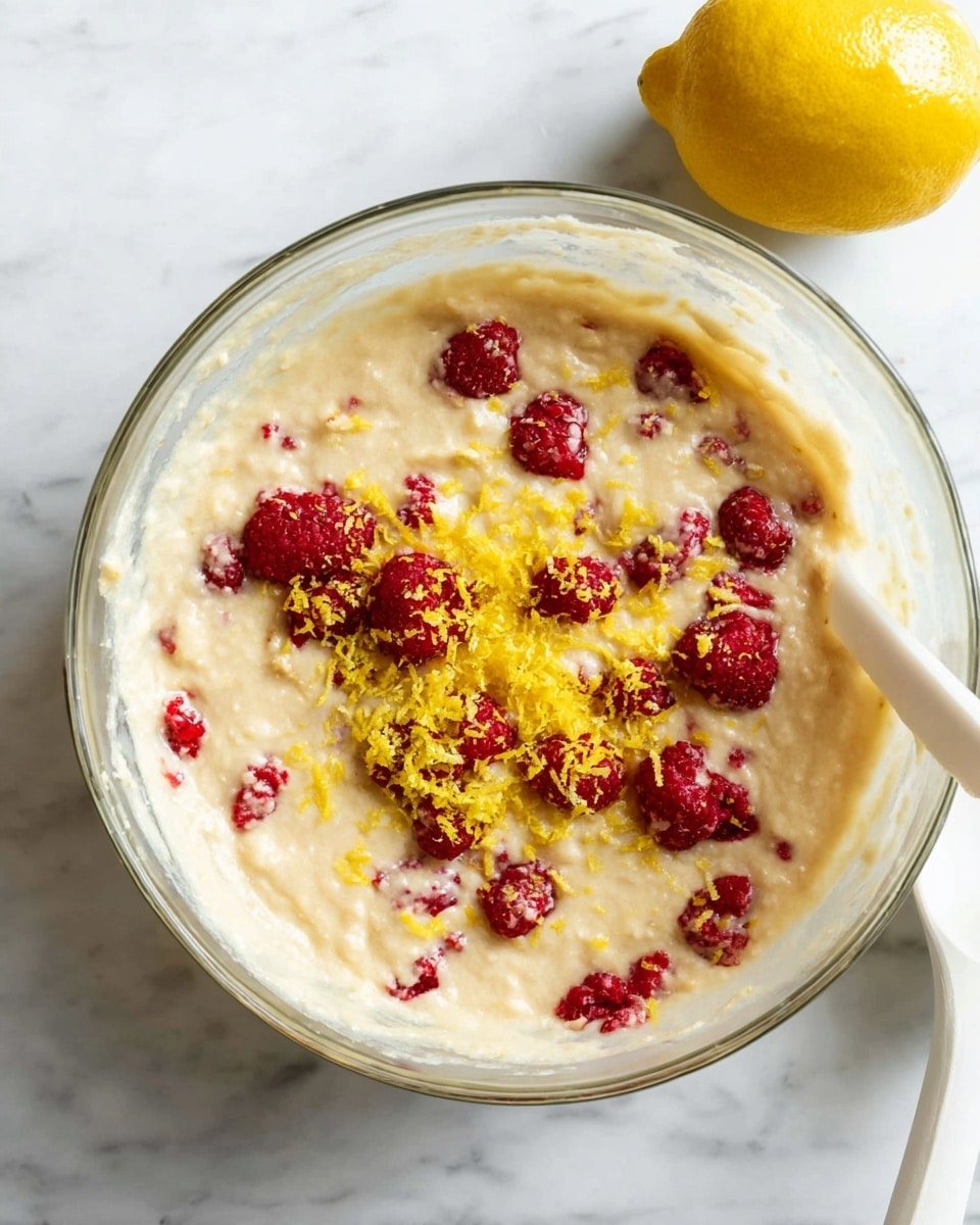 A clear glass bowl filled with light beige batter dotted with bright red raspberries. On top of the batter is a thick layer of fine yellow lemon zest clustered in the middle and spread slightly to the sides. The bowl is placed on a white marbled surface, with a whole yellow lemon positioned to the upper right side of the bowl. A white spatula is partially visible on the right edge of the bowl. Photo taken with an iphone --ar 4:5 --v 7