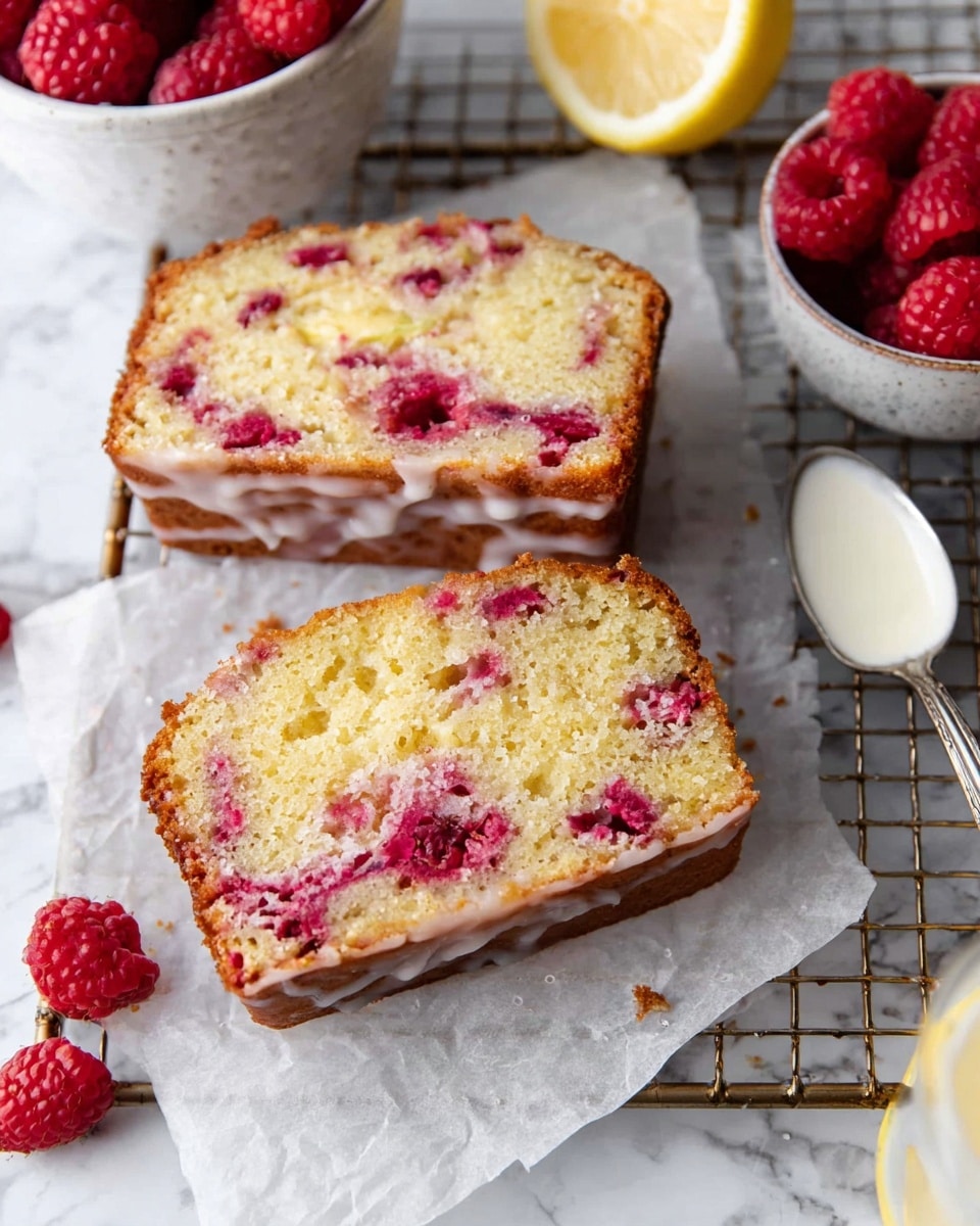 Two slices of moist lemon raspberry cake rest on white parchment paper over a cooling rack. Each slice has a golden-brown crust with a light yellow interior, speckled with bright red raspberries spread throughout. Fresh raspberries are scattered around the slices on a white marbled surface. A white bowl with a silver spoon containing white glaze sits partially in the frame. A halved lemon and a white bowl with extra raspberries are visible in the background. Photo taken with an iphone --ar 4:5 --v 7