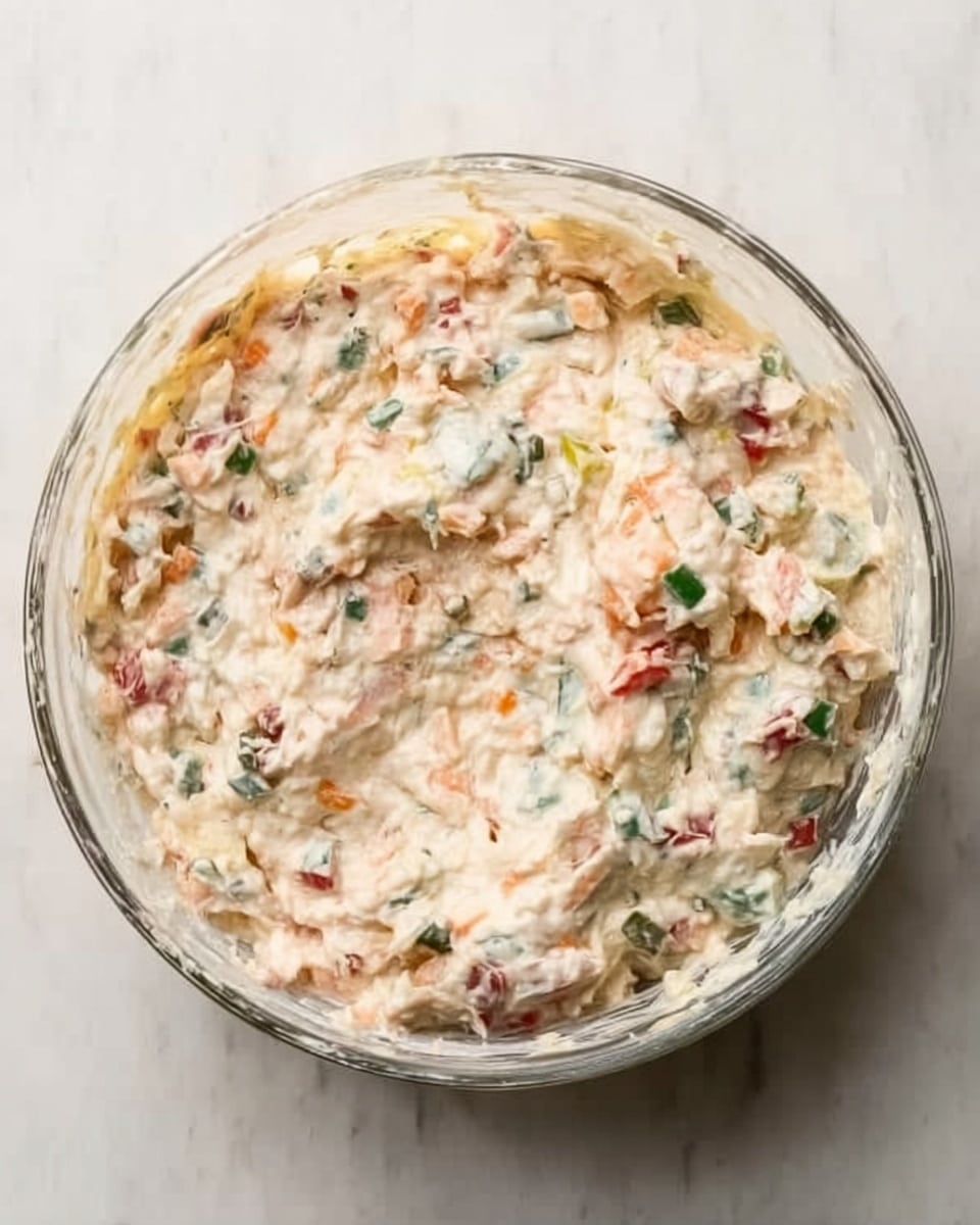 A clear round glass bowl filled with a creamy mixture that has a light beige base, dotted with small pieces of orange, green, and red ingredients spread throughout the mixture, giving it a colorful and chunky texture. The bowl is shown from the top on a white marbled surface, making the colors stand out against the pale cream mixture. photo taken with an iphone --ar 4:5 --v 7