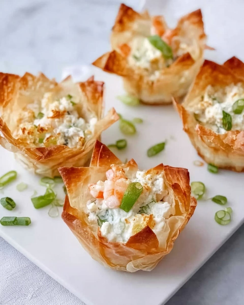 Four small filo pastry cups with crispy, golden-brown edges, each filled with a creamy white mixture. Inside the creamy layer, there are visible small orange pieces, likely shrimp, and small green slices, possibly scallions, scattered on top and inside the filling. The pastry cups sit on a white rectangular plate placed on a white marbled surface. Some green slices are scattered around the plate for decoration. Photo taken with an iphone --ar 4:5 --v 7