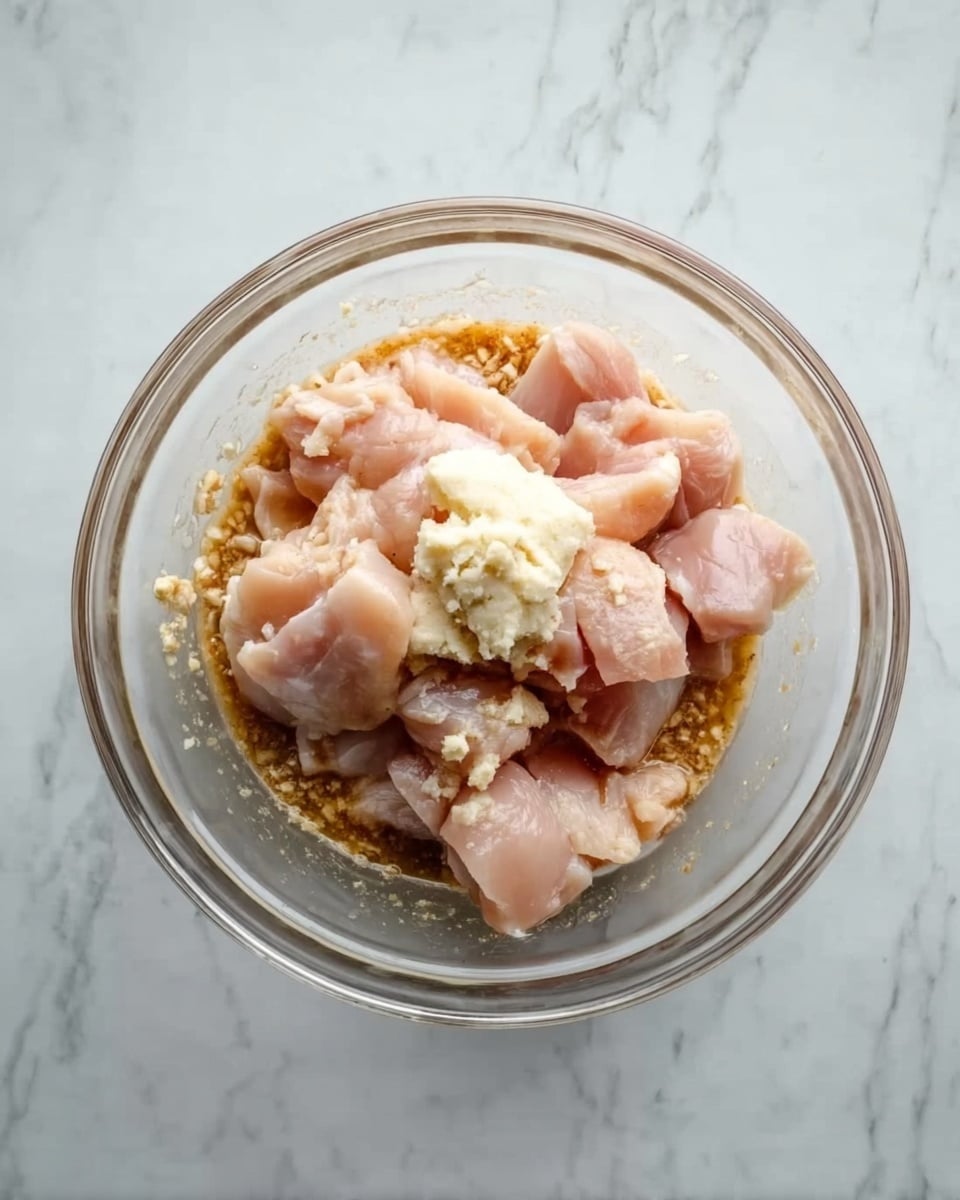 A clear glass bowl sits on a white marbled surface, filled with raw light pink chicken pieces on top. Underneath the chicken, a layer of light brown sauce mixed with small bits of garlic or ginger can be seen, partially covering the chicken. A dollop of creamy white paste rests on the chicken pieces, adding texture contrast. The ingredients look fresh and ready to be mixed in the bowl. Photo taken with an iphone --ar 4:5 --v 7