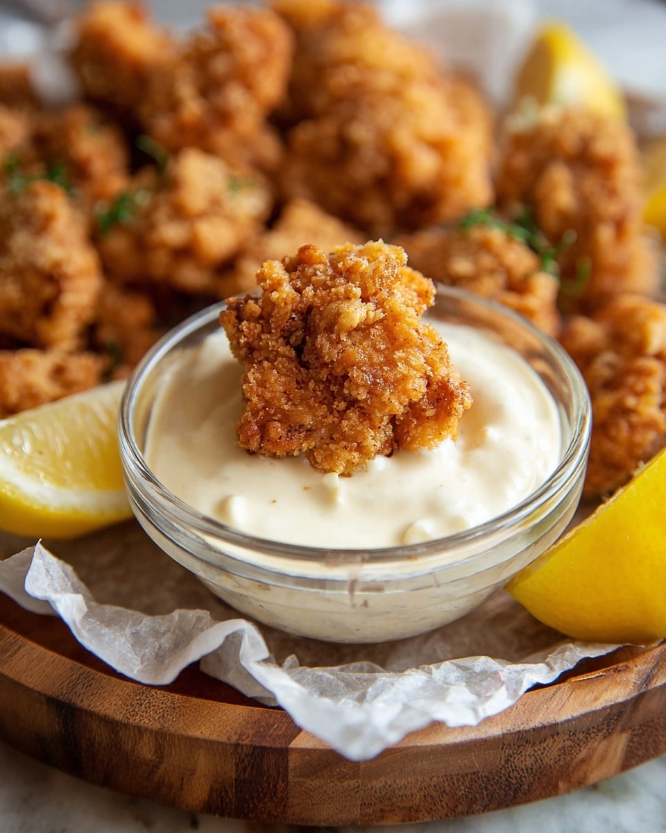 The image shows a close-up of a single piece of golden brown, crispy fried chicken placed on top of a creamy, white dipping sauce inside a small clear glass bowl. The bowl sits on a layer of crumpled white parchment paper, which lines a round wooden tray. Around the bowl, there are more pieces of fried chicken and a few bright yellow lemon wedges peeking from the edges. The background is a white marbled texture. photo taken with an iphone --ar 4:5 --v 7