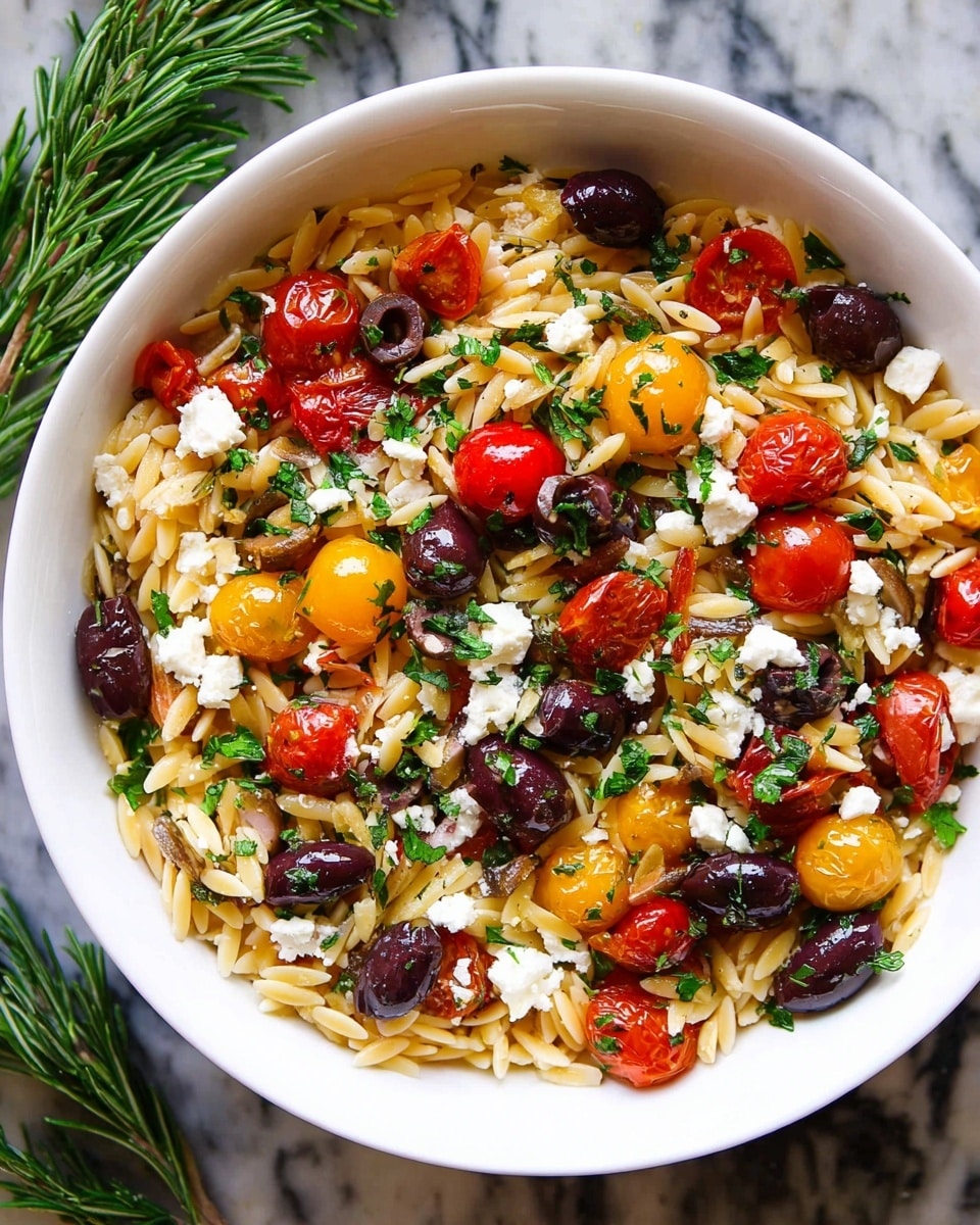 A white bowl filled with three main layers: the bottom layer is light golden orzo pasta with a smooth texture, spread evenly inside the bowl; the middle layer has colorful halved cherry tomatoes in red and yellow, scattered along with whole and sliced green and black olives; the top layer is sprinkled with small white chunks of feta cheese and fresh green chopped herbs, creating a fresh, vibrant look. The bowl sits on a white marbled surface with some rosemary sprigs nearby. photo taken with an iphone --ar 4:5 --v 7