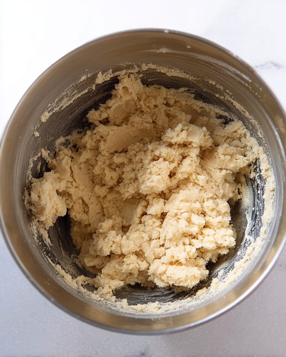 The image shows a mixing bowl filled with rough, light beige dough that has a crumbly but slightly sticky texture. The dough looks uneven and chunky, sitting inside a stainless steel bowl with some dough sticking to the sides. The scene is simple with no additional layers or colors, and the bowl rests on a white marbled surface. photo taken with an iphone --ar 4:5 --v 7