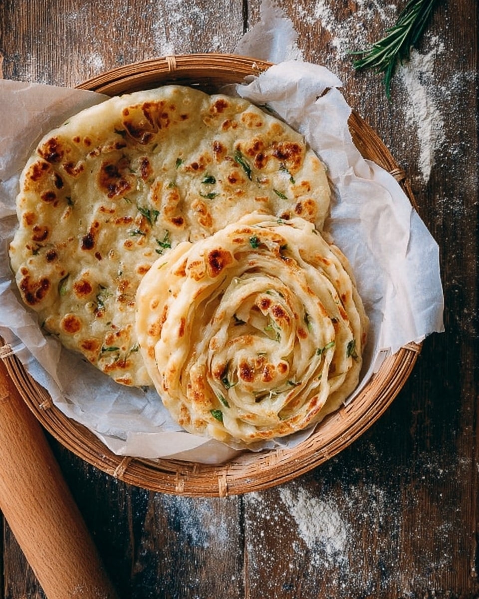 Two pieces of flatbread with a golden brown spotted top lie in a round wooden basket lined with white parchment paper. The flatbreads have a layered, flaky texture with some green herb bits scattered inside. One flatbread is whole, while the other is coiled into a circular rose-like shape showing its many thin, crisp layers. The basket rests on a dark wooden surface with some flour dusting and a wooden rolling pin to the side. photo taken with an iphone --ar 4:5 --v 7