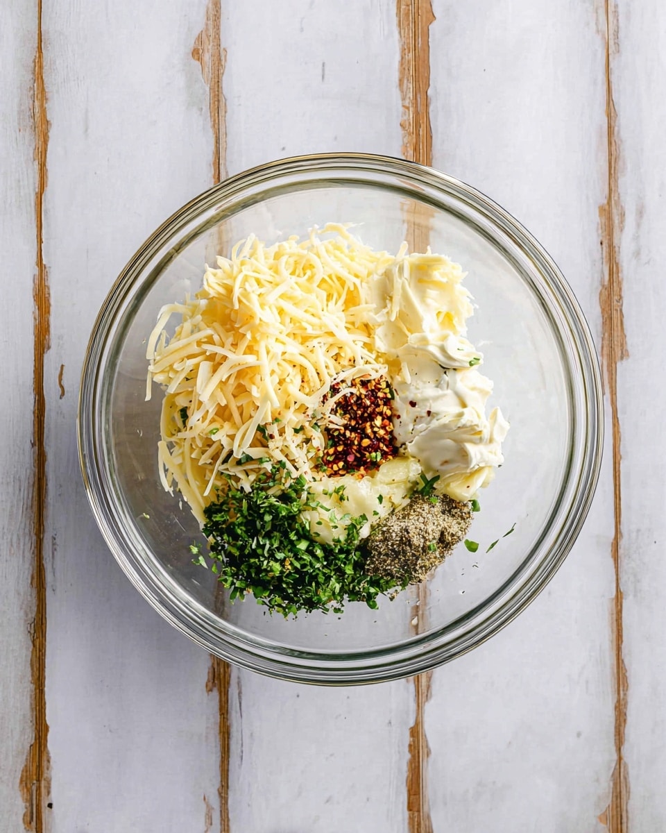 A clear glass bowl sits centered on a white marbled surface showing six layers of ingredients: shredded pale yellow cheese on the left, chopped green herbs at the bottom, creamy white mayo to the right, pale yellow softened butter at the top right, finely minced garlic in the center, and a small pile of black pepper and red chili flakes near the shredded cheese. The bowl is clean and transparent, highlighting the textures and colors of each ingredient photo taken with an iphone --ar 4:5 --v 7