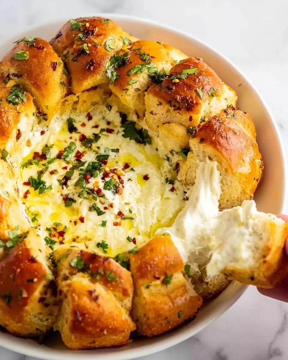 A white plate holds a baked pull-apart bread shaped in a ring with a golden brown crust, showing soft inside layers. In the center is a creamy yellow cheese dip, sprinkled with dried herbs, red chili flakes, and green chopped fresh herbs scattered on top. One piece of bread is pulled slightly away, held by a woman's hand, showing soft white dough inside with a white creamy filling. The background is a white marbled surface. photo taken with an iphone --ar 4:5 --v 7
